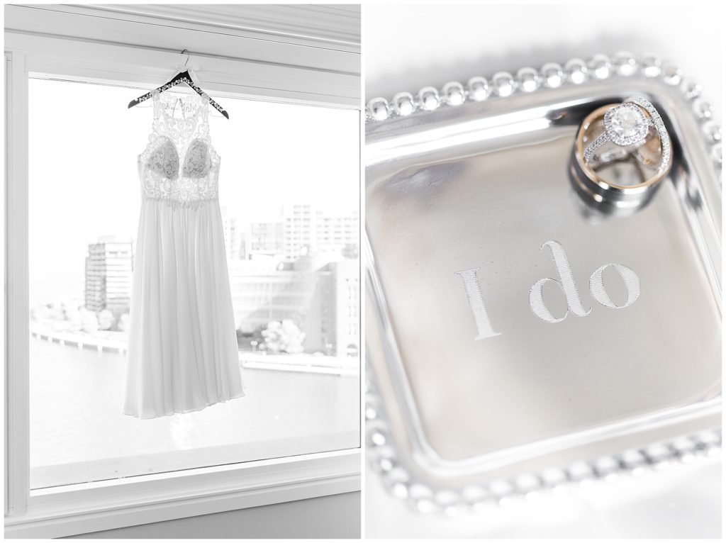 Wedding dress and wedding ring details at the Boston Harbor Hotel