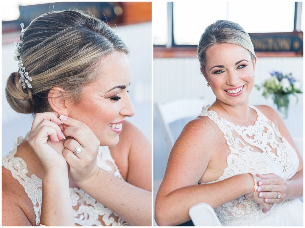 Bride poses for putting on earrings