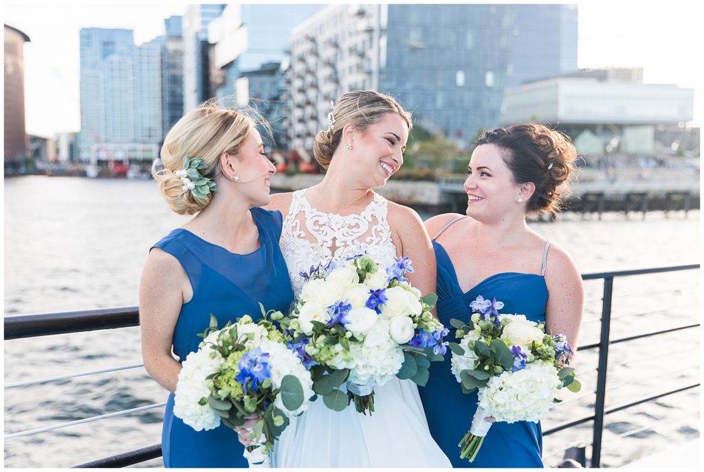 Bridesmaids with the Boston skyline