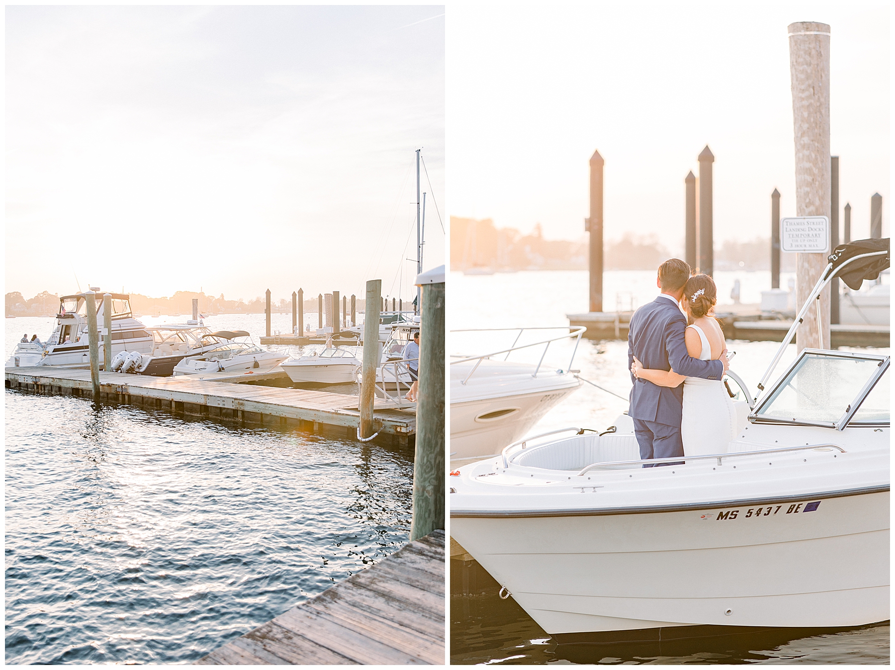 Bride and groom take in the sunset from their boat at Bristol Harbor RI captured by Stephanie Berenson Photography