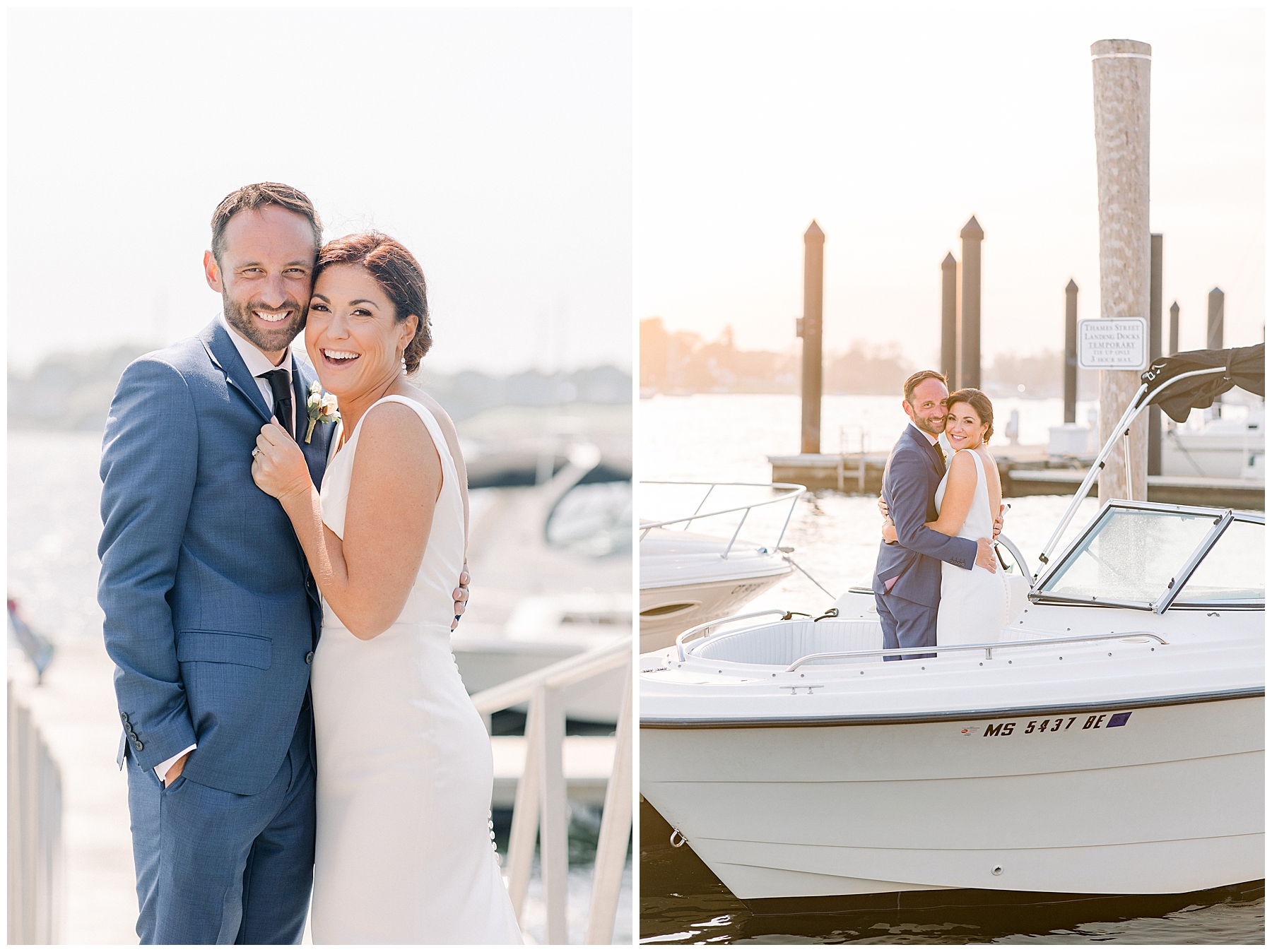 husband and wife on their boat after waterfront wedding at Bristol Harbor Inn in RI captured by Stephanie Berenson Photography