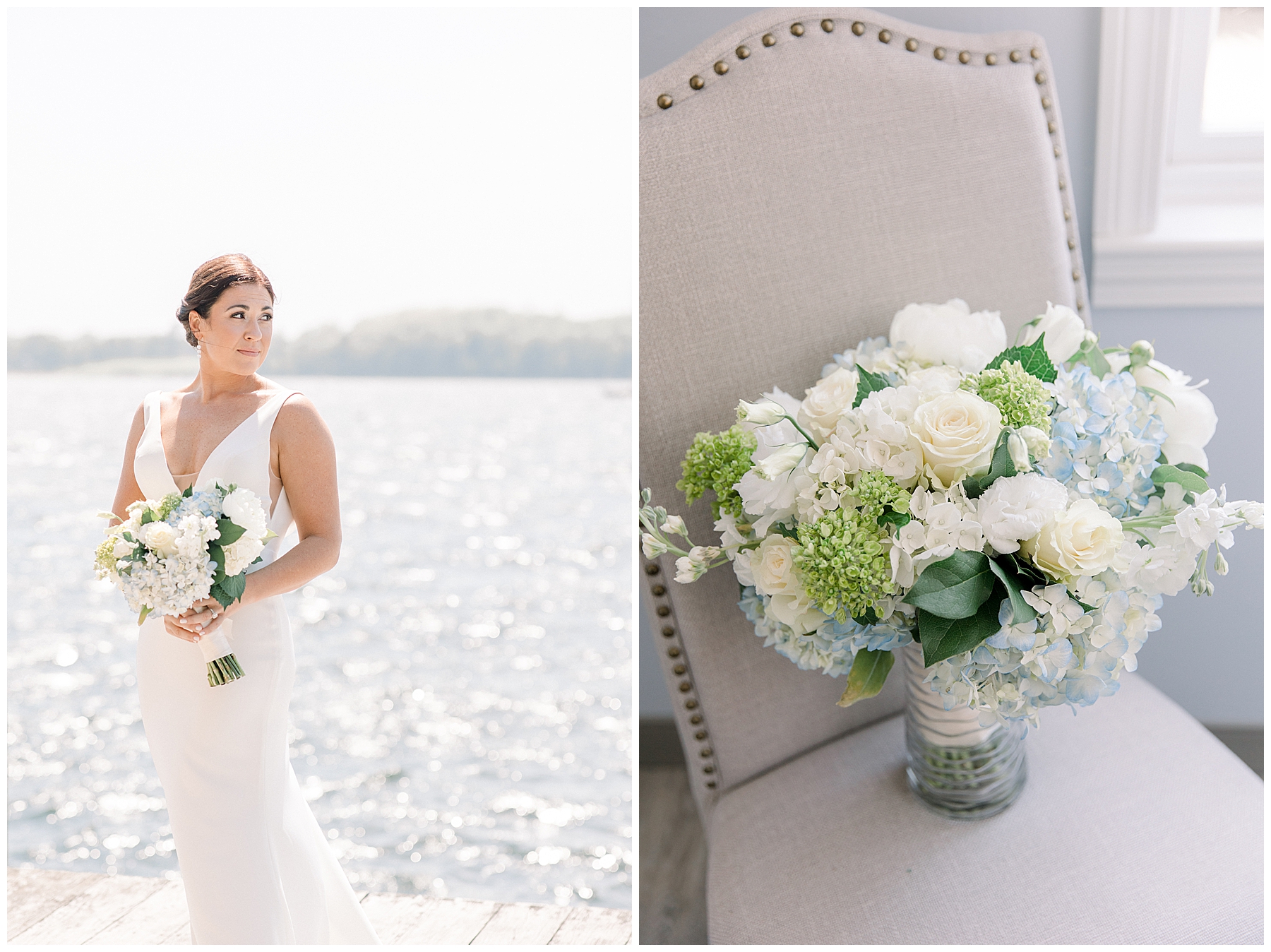 bride stands by ocean on boat dock with wedding bouquet