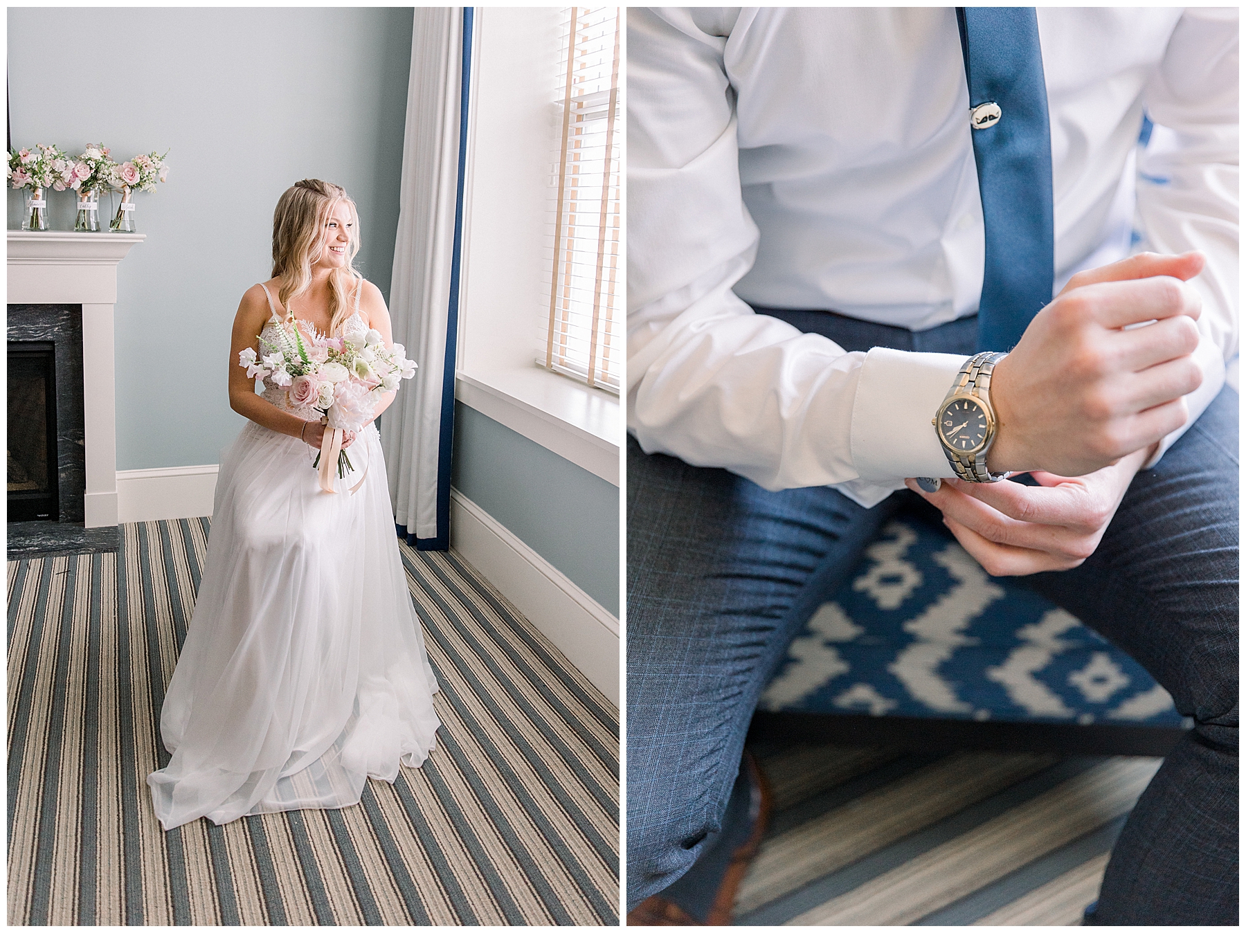 Wedding day details- bride and groom getting ready before ceremony at Beauport Hotel