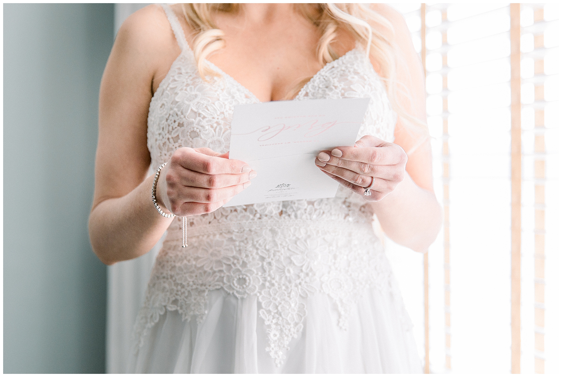 Bride reads letter before wedding ceremony