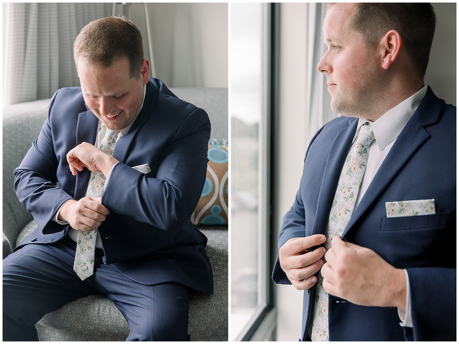 groom adjusts cufflinks before CT wedding