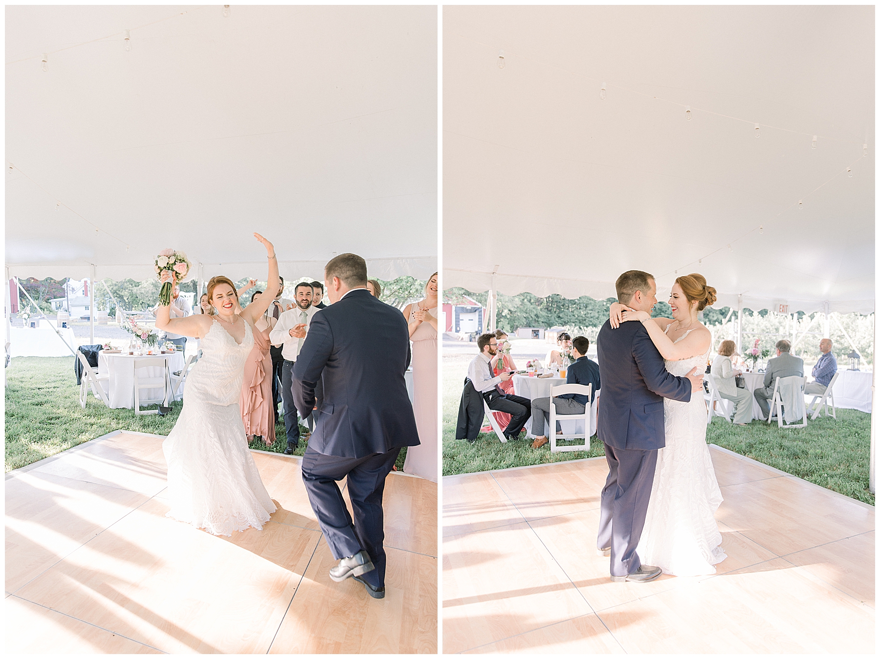 newlyweds share first dance at Rogers Orchard Connecticut wedding