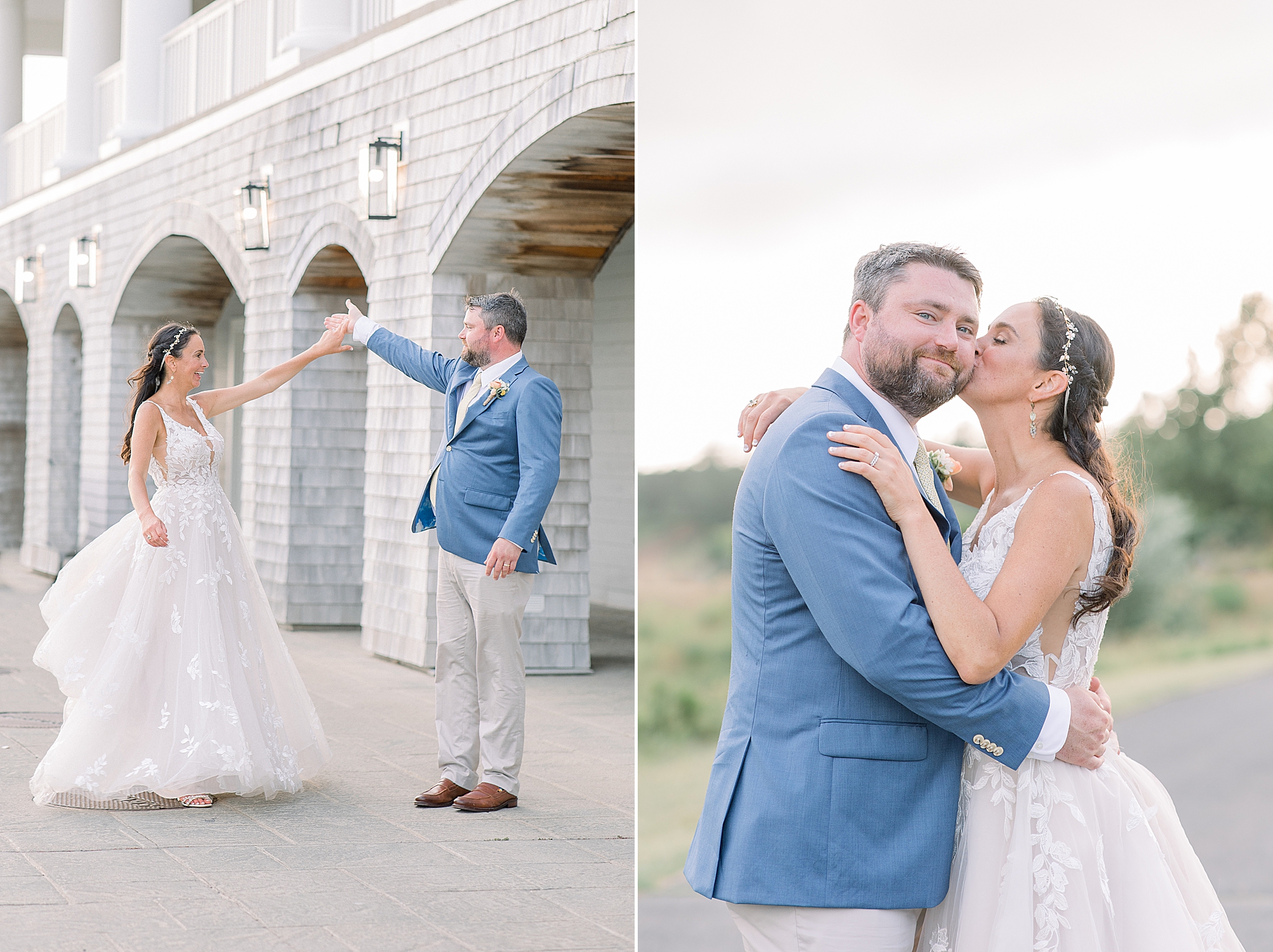 groom twirls bride during sunset wedding photos at Waverly Oaks Golf Club