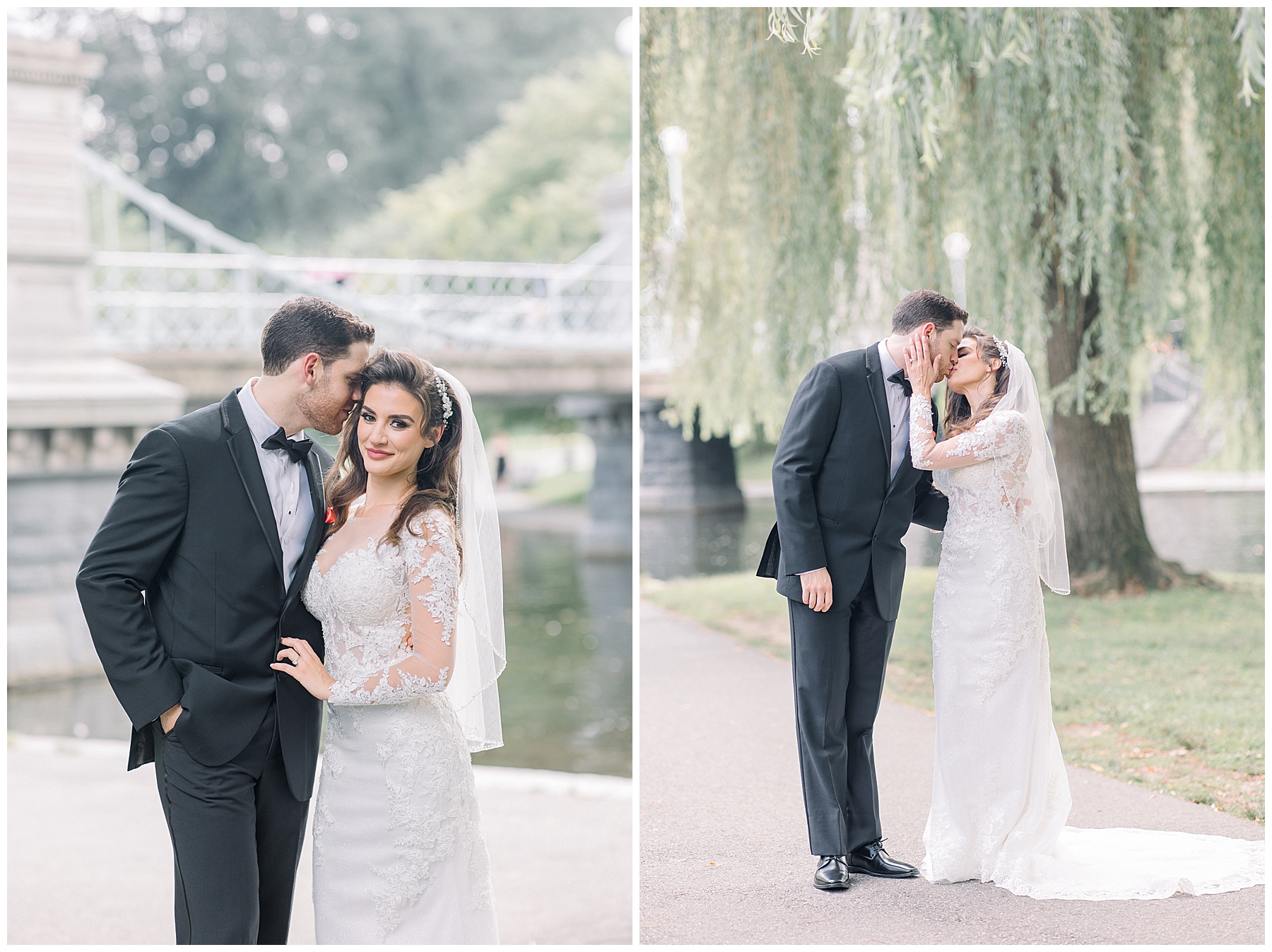 bride and groom portraits under weeping willow tree in Boston