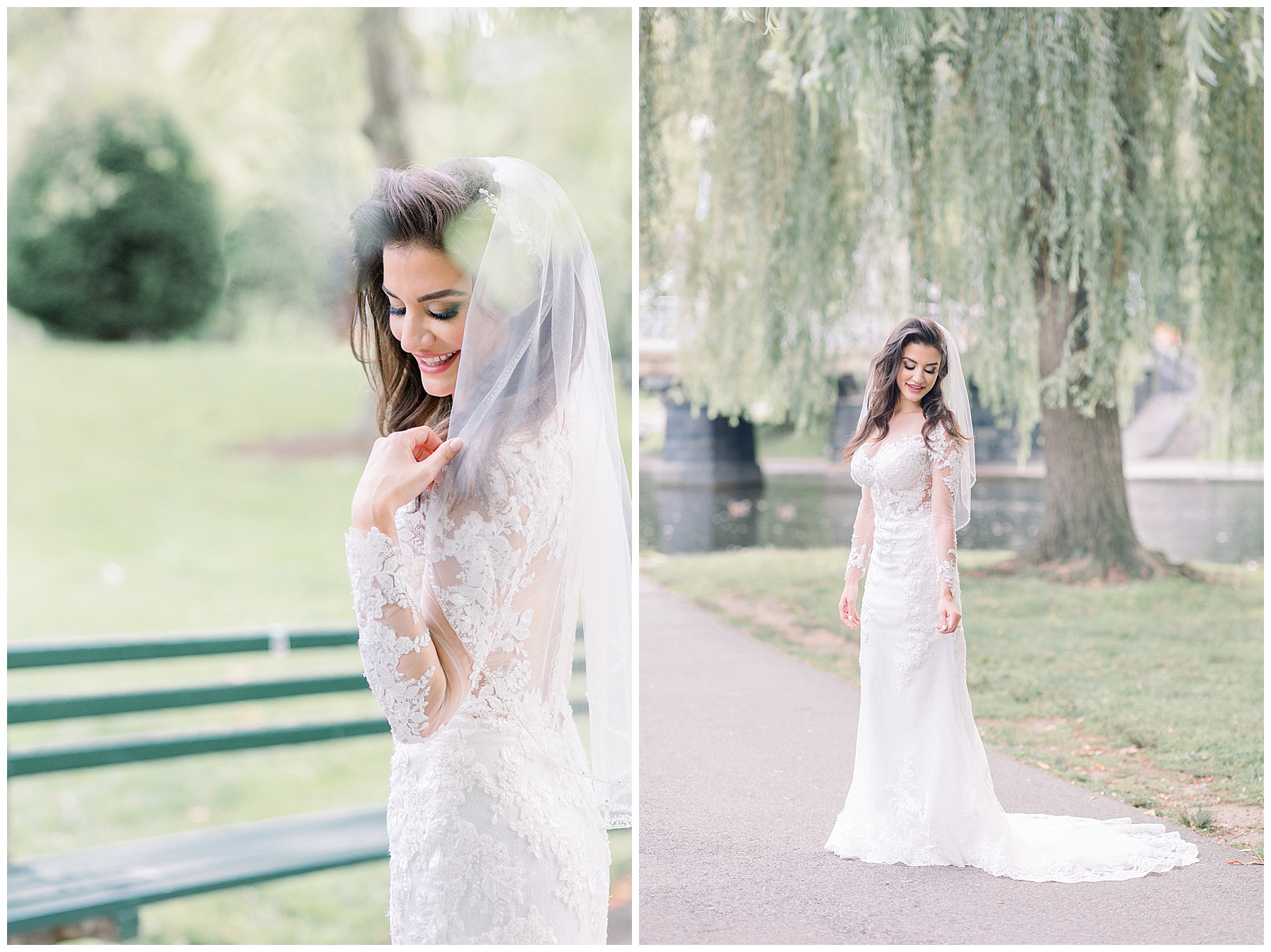 bride portraits in wedding dress outside under weeping willow tree