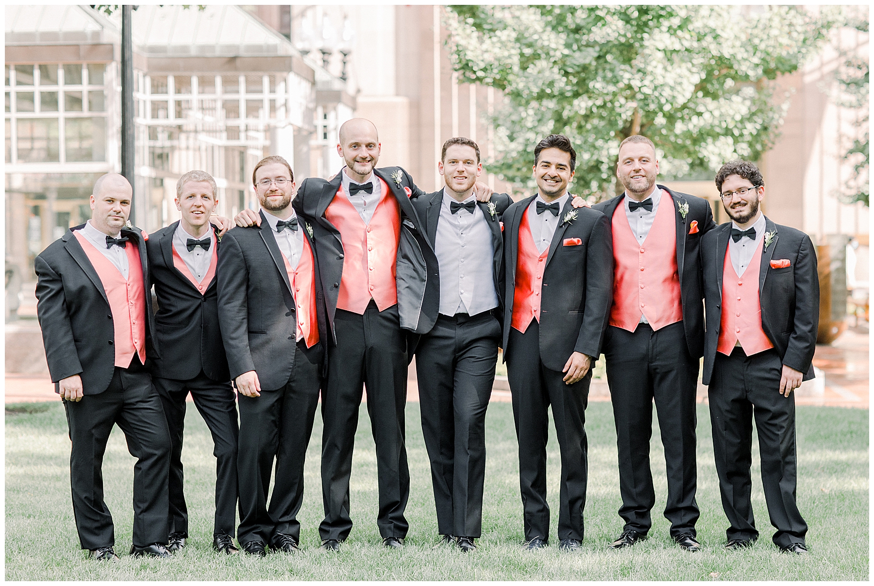 Groom and Groomsmen stand together before wedding ceremony in MA