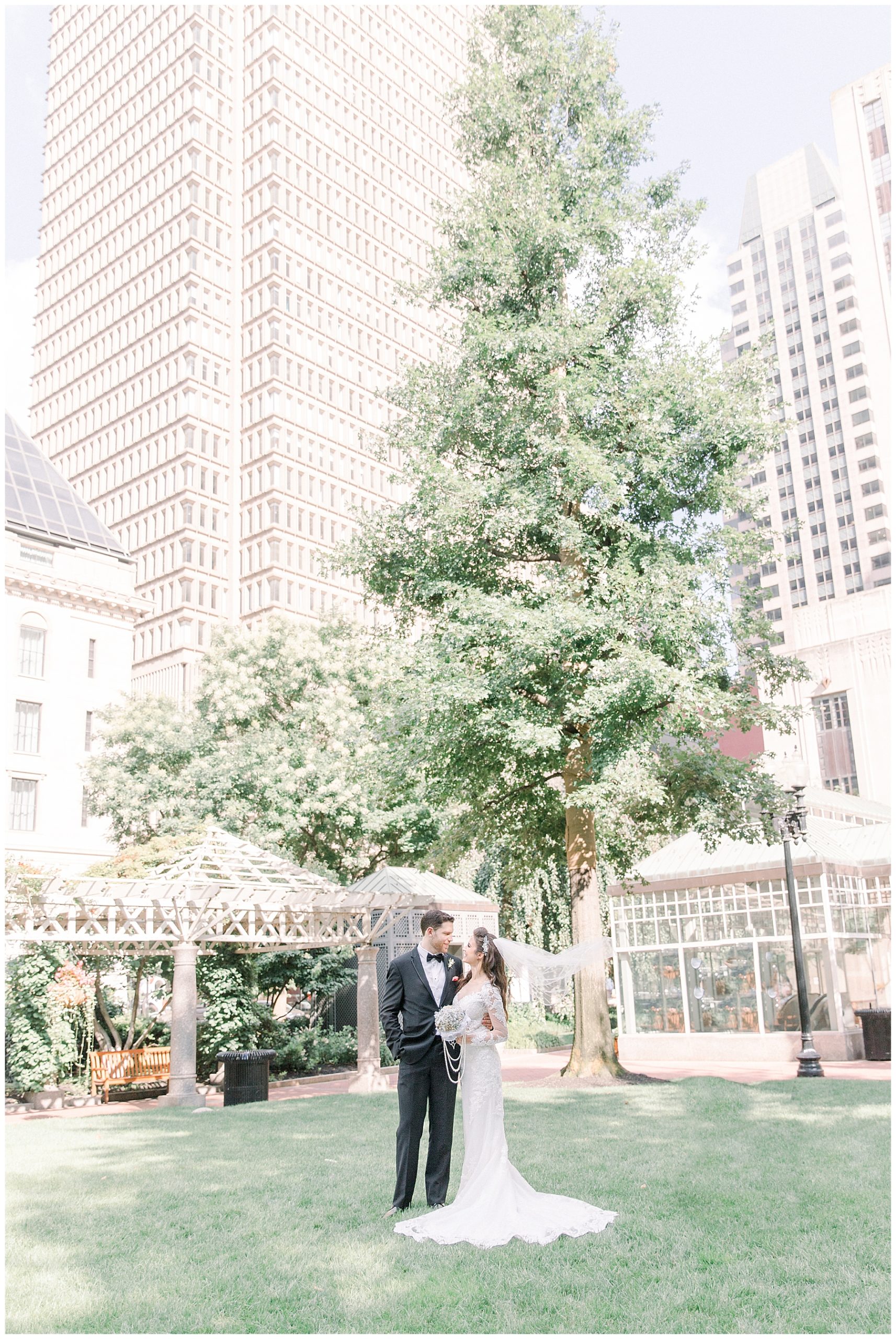 couple kiss under gorgeous tree at the bottom of Boston building