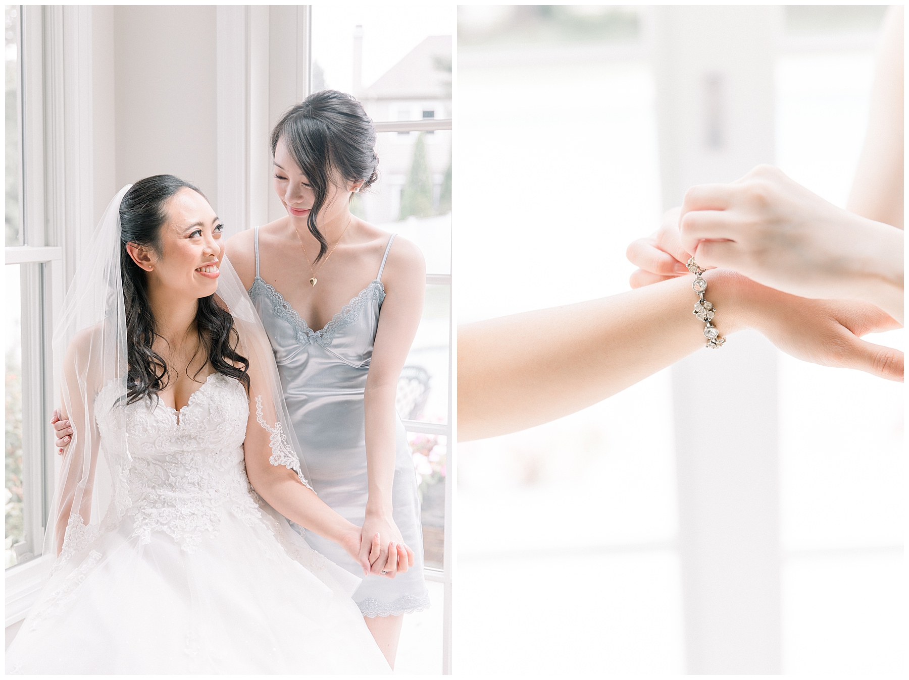 bride getting ready for wedding with maid of honor