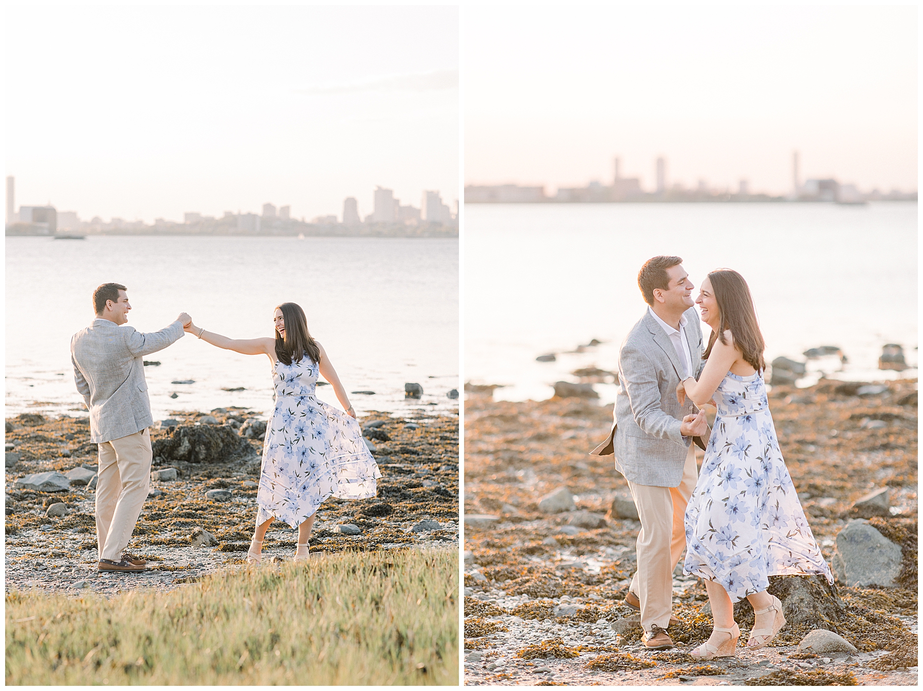 couple dance on beach of Boston MA shoreline during engagement photos 
