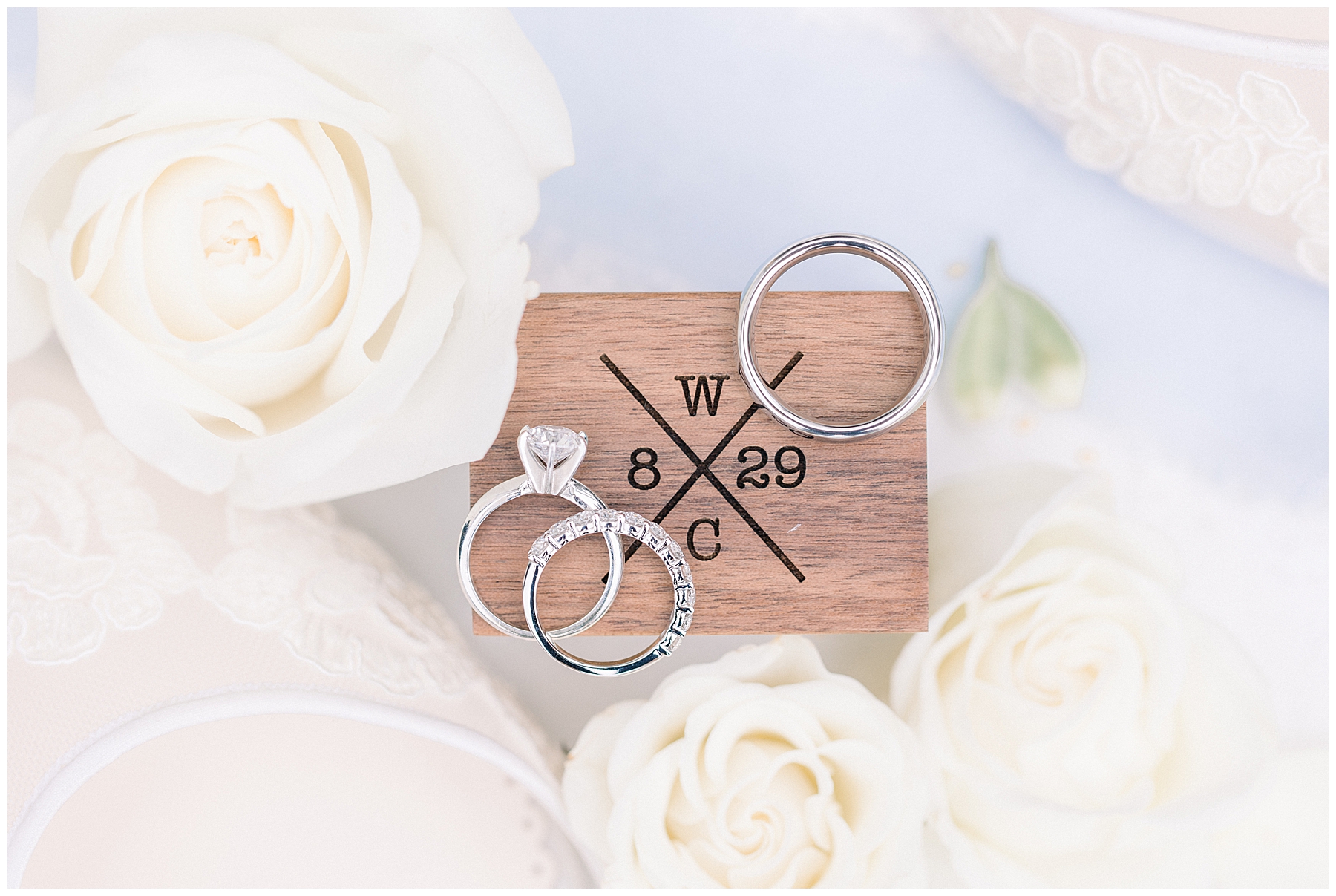 wedding rings on wooden keepsake