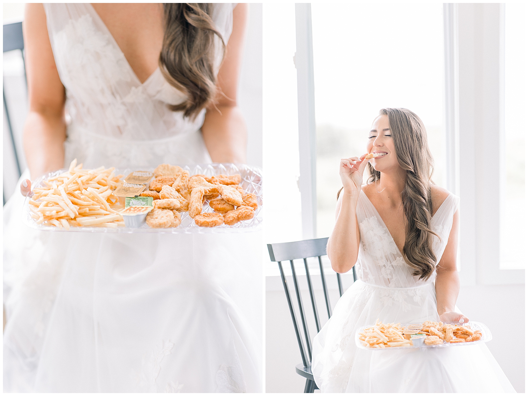 bride eating a snack before wedding ceremony