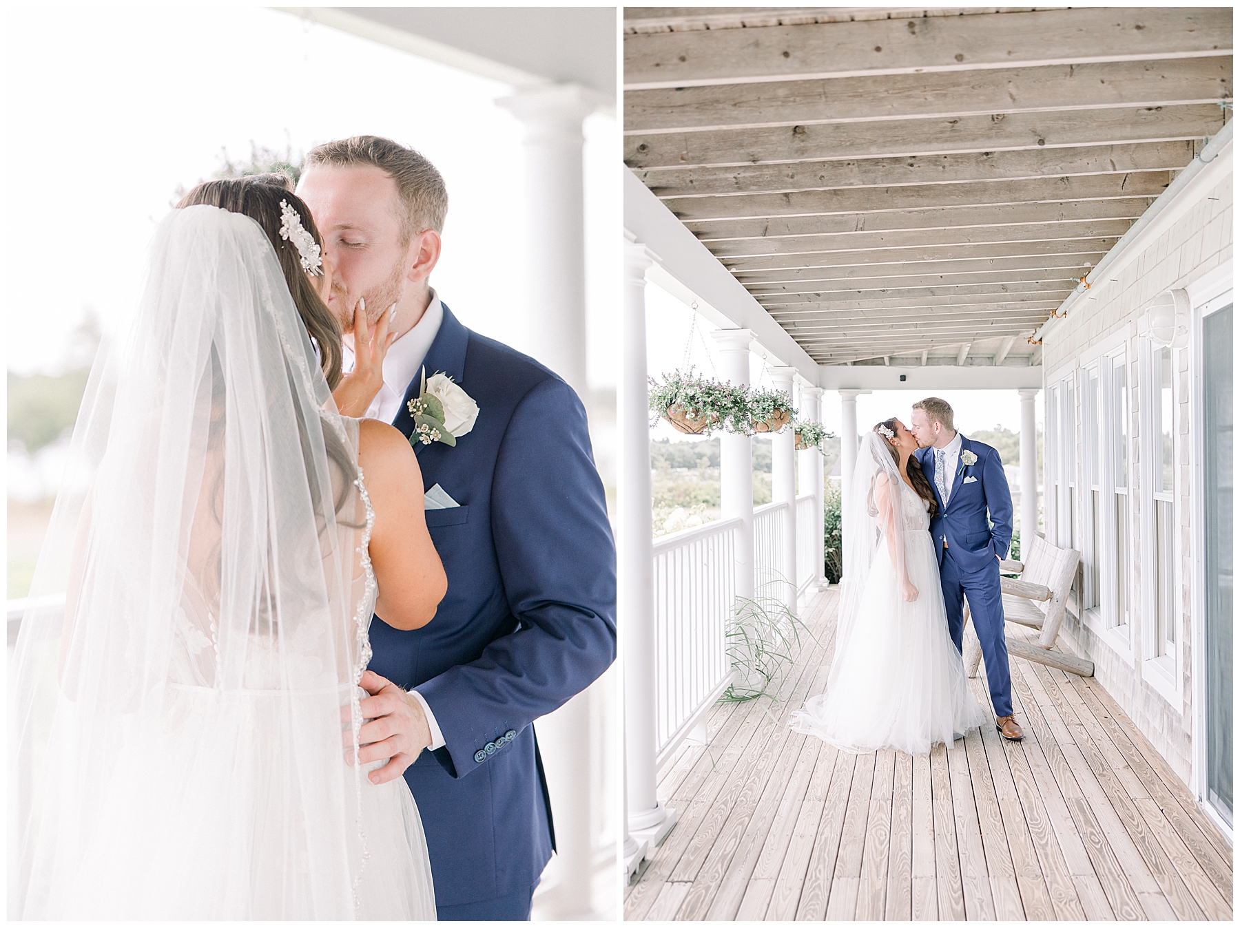bride and groom kiss on the porch of Shining Tides Wedding venue