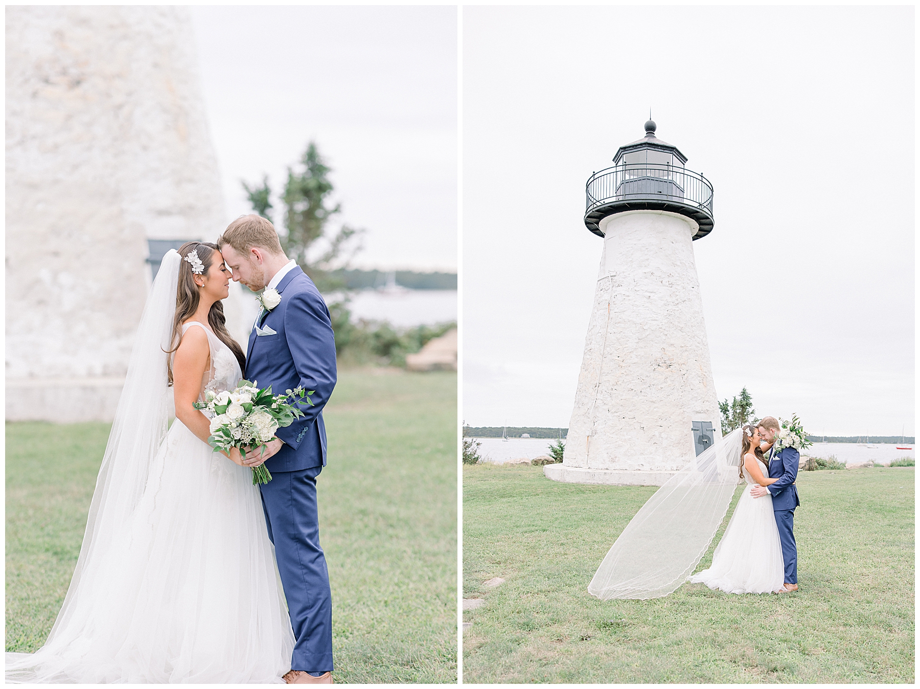 bride + groom portraits near white lighthouse by ocean