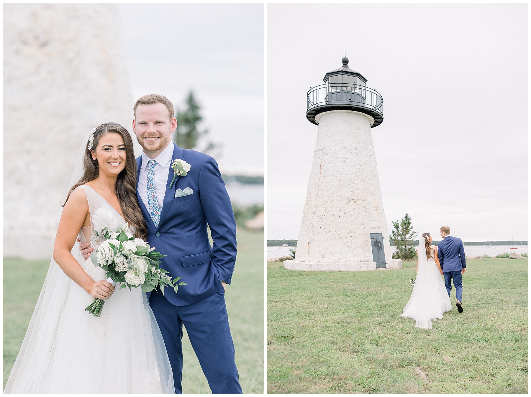 bride + groom portraits near white lighthouse