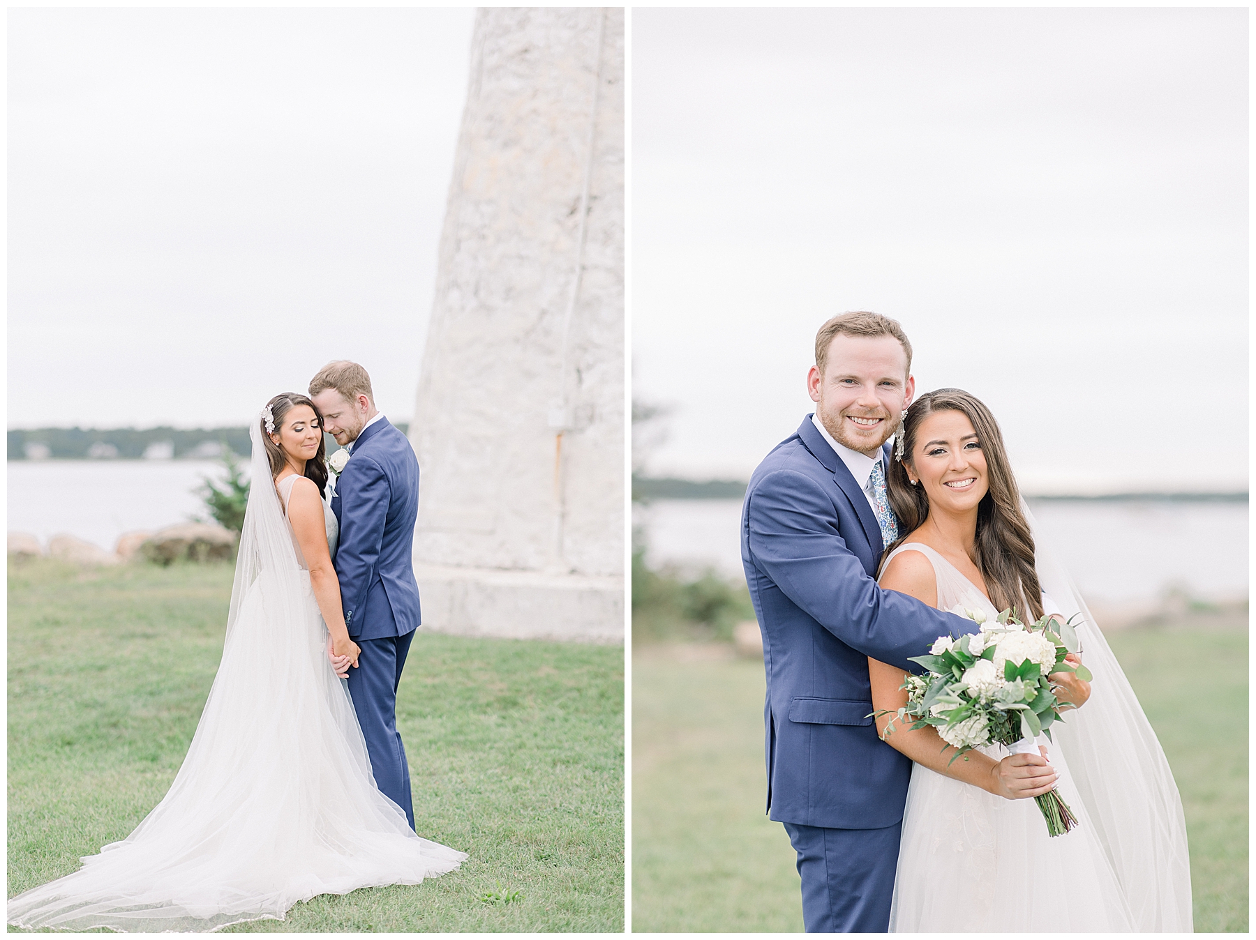 couple hug near lighthouse during wedding portraits
