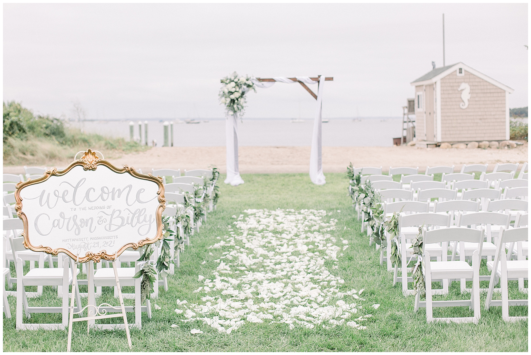 aisle marked with white rose petals at Shining Tides outdoor Wedding ceremony