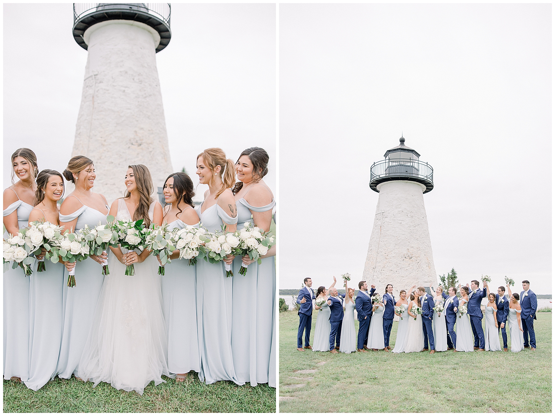 bridesmaids and groomsmen by lighthouse in MA