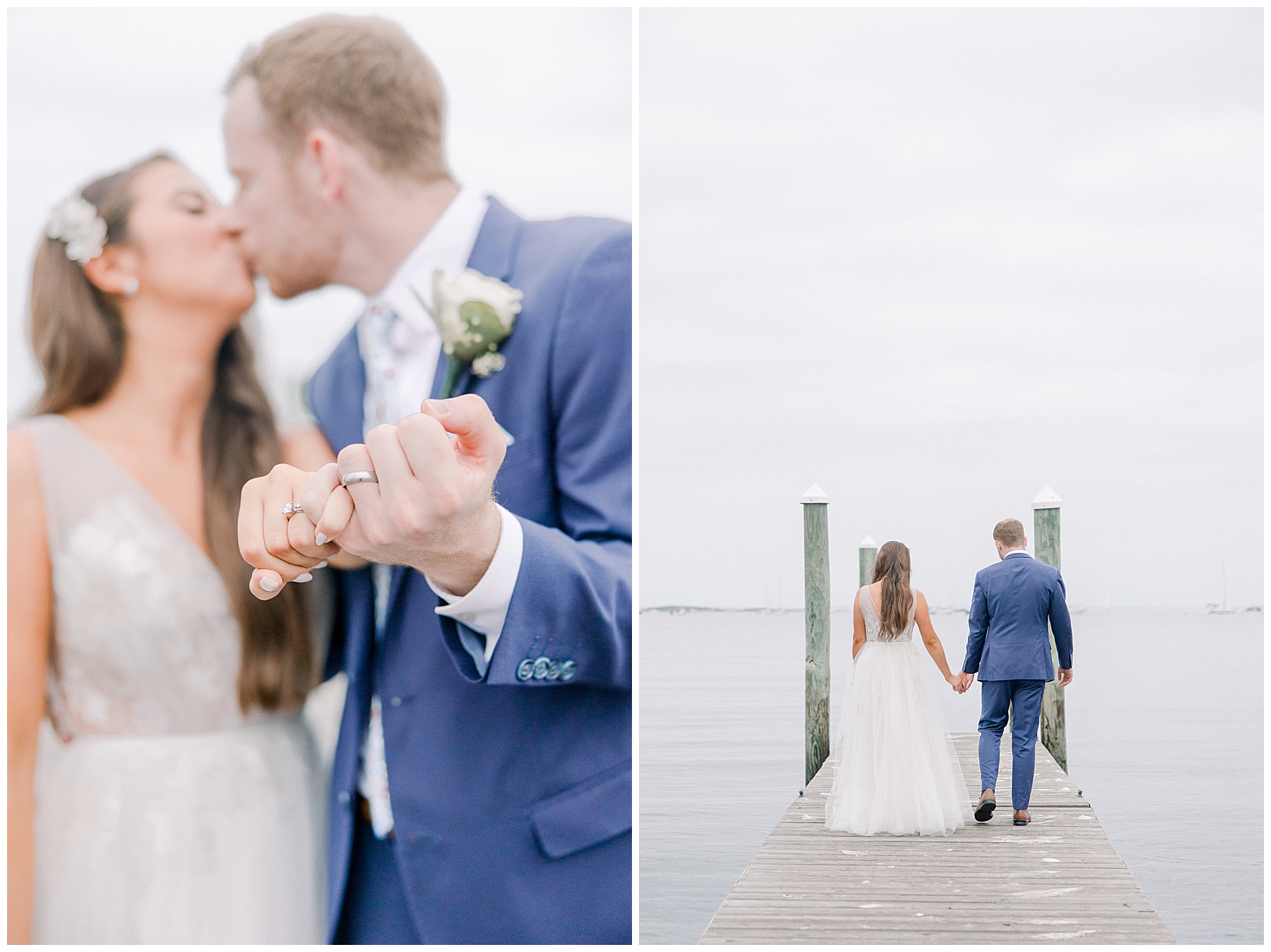 newlyweds walk out on dock in MA