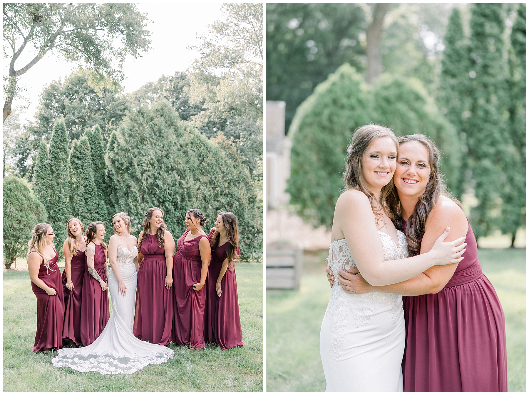 bride and bridesmaids portraits in burgundy dresses