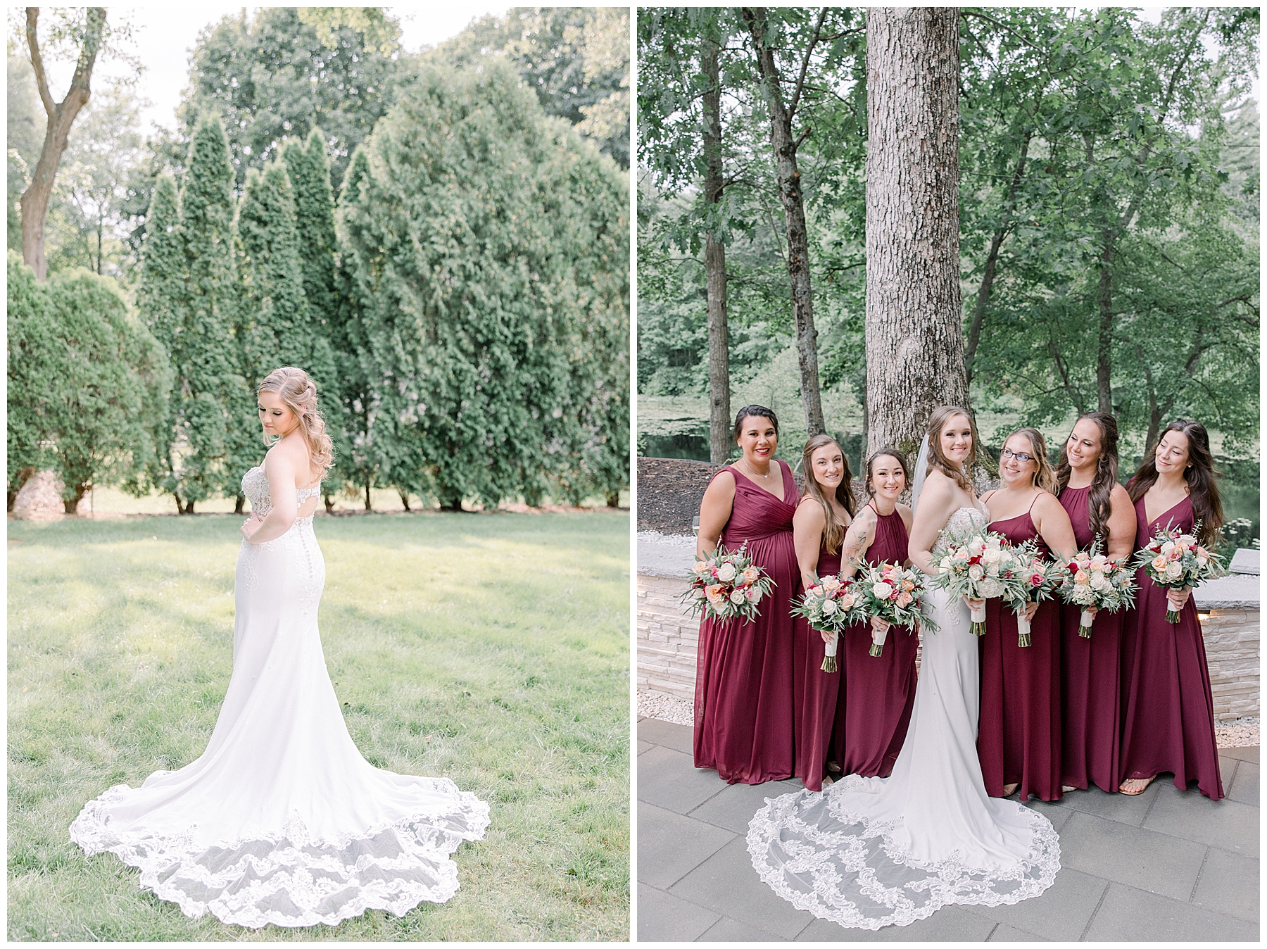 bride and bridesmaids in burgundy dresses