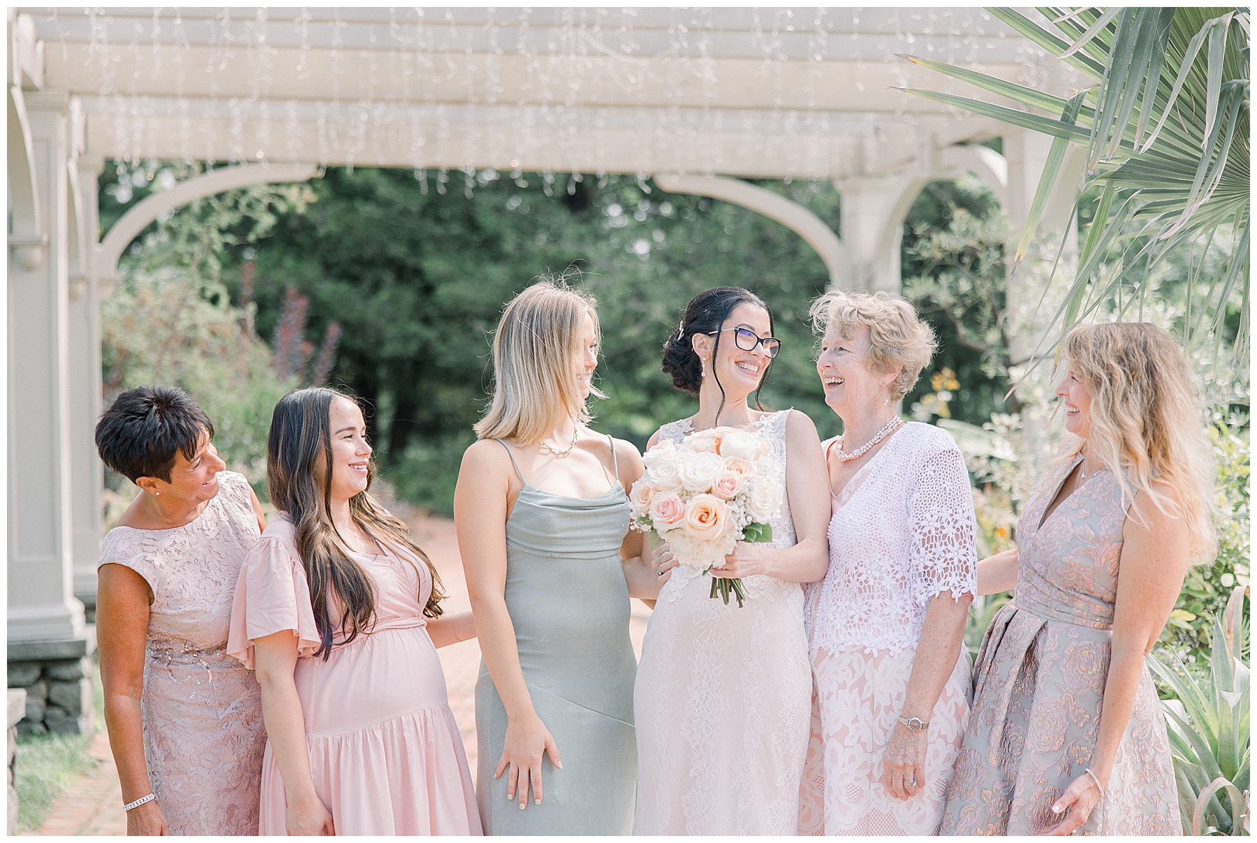 bride with other female family members and friends at Tower Hill Botanic Garden Wedding