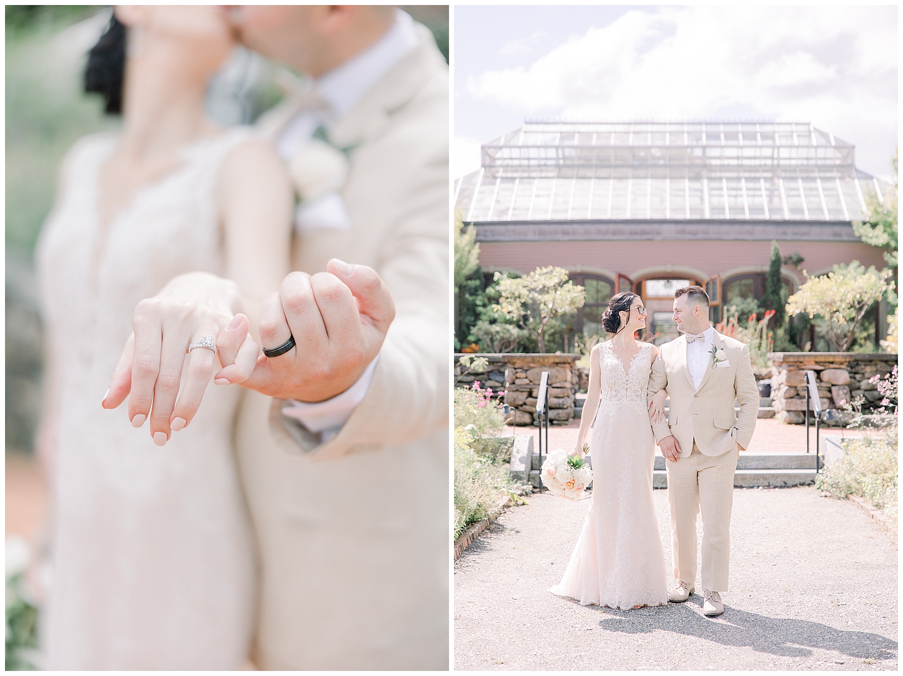 couple hold out hands and show off wedding rings
