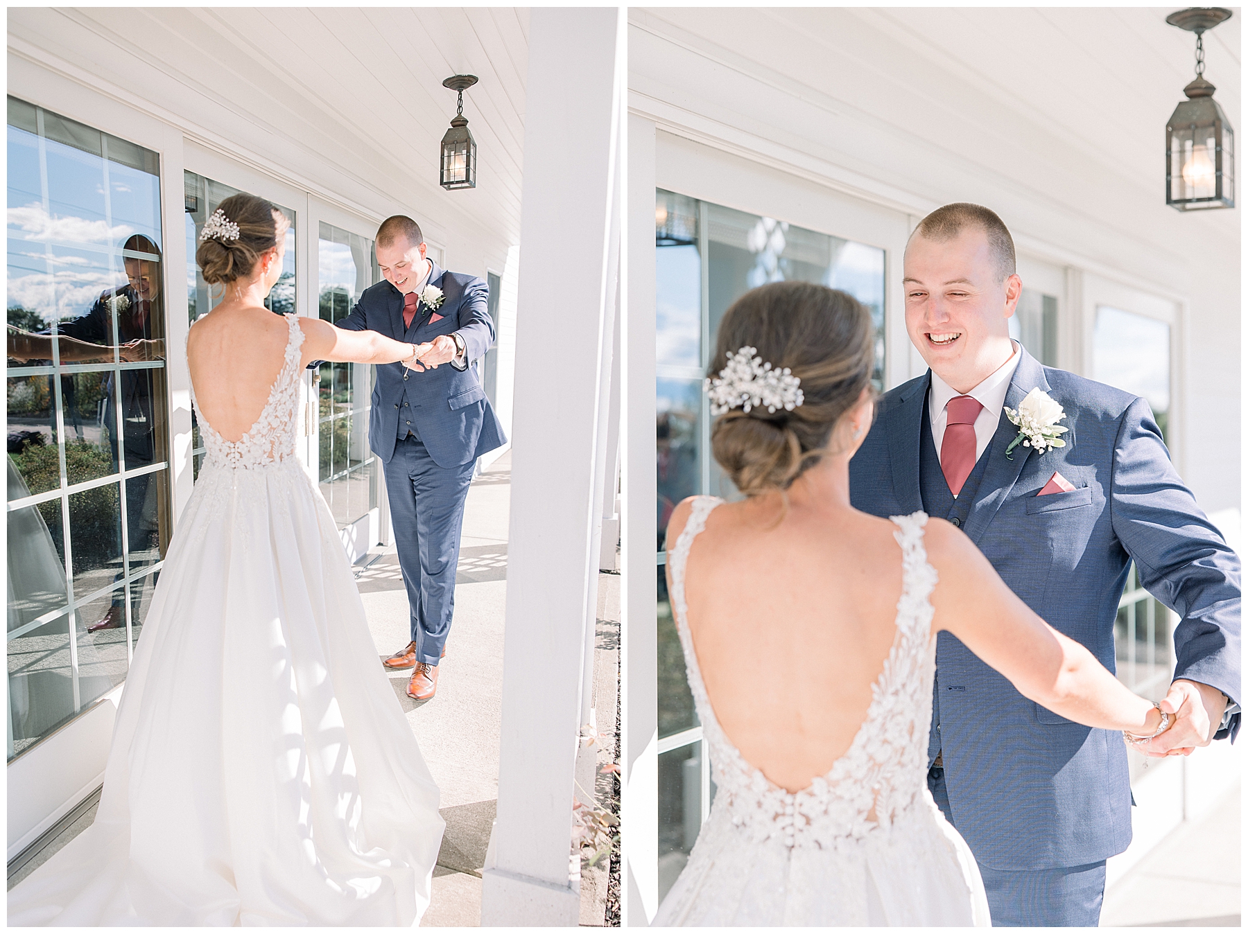 groom sees bride for first time during first look