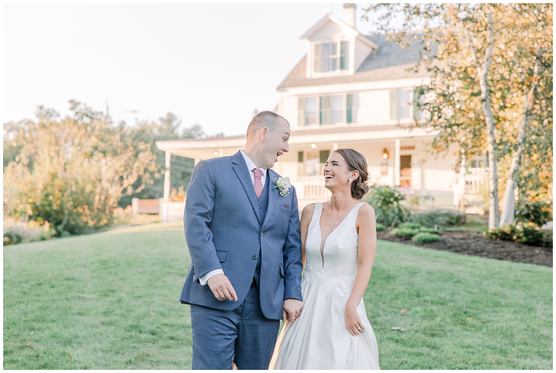 bridal portraits in front of house at Harrington Farm 