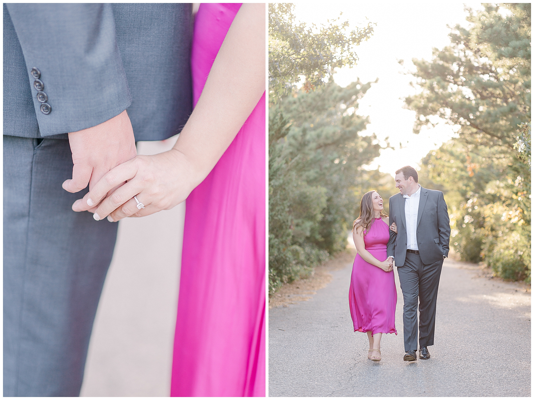 couple  walking down path holding hands 
