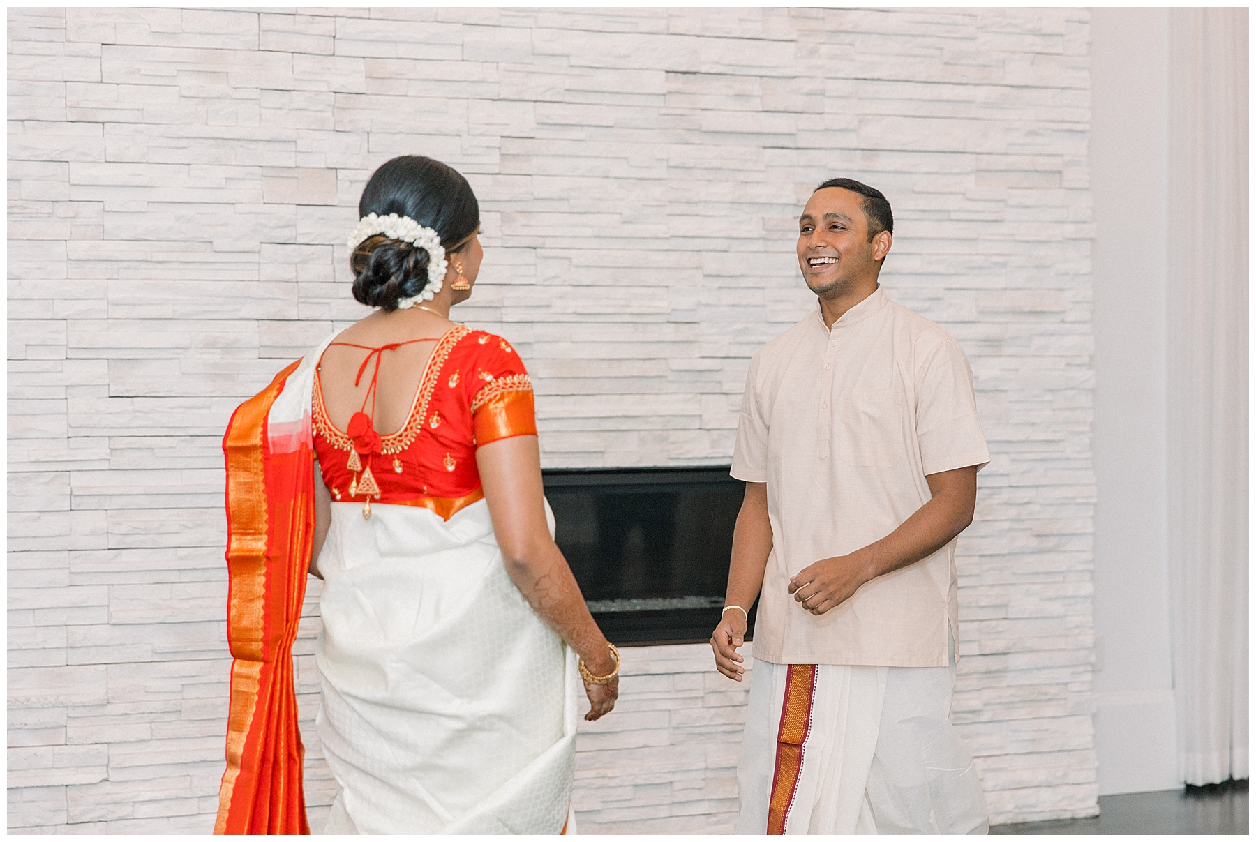 Bride + groom getting ready before traditional South Indian Wedding in Boston MA