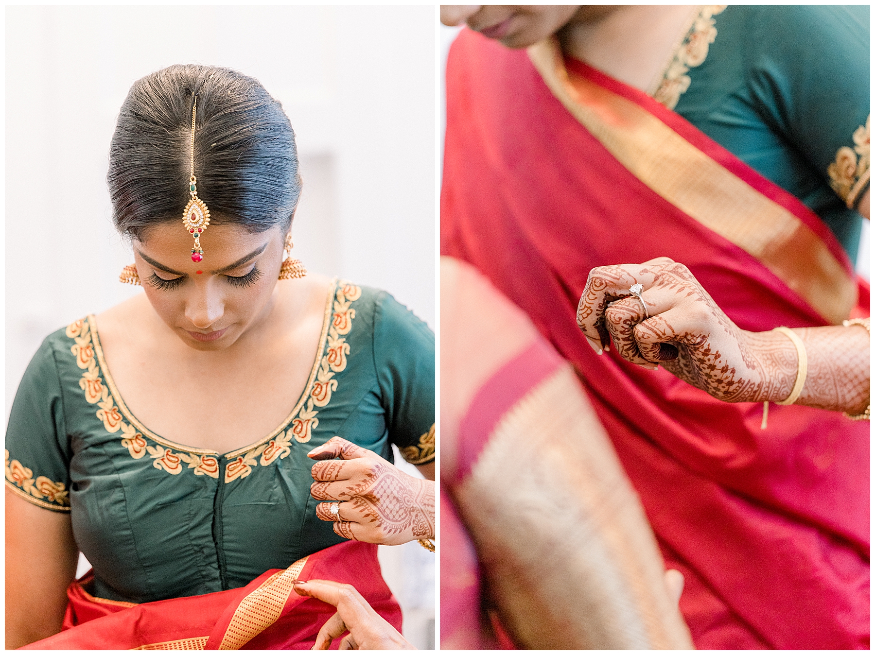 bride in deep red and dark green indian outfit
