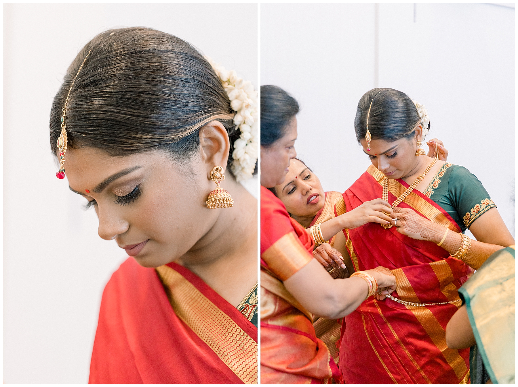 bride getting ready in red and gold indian outfit