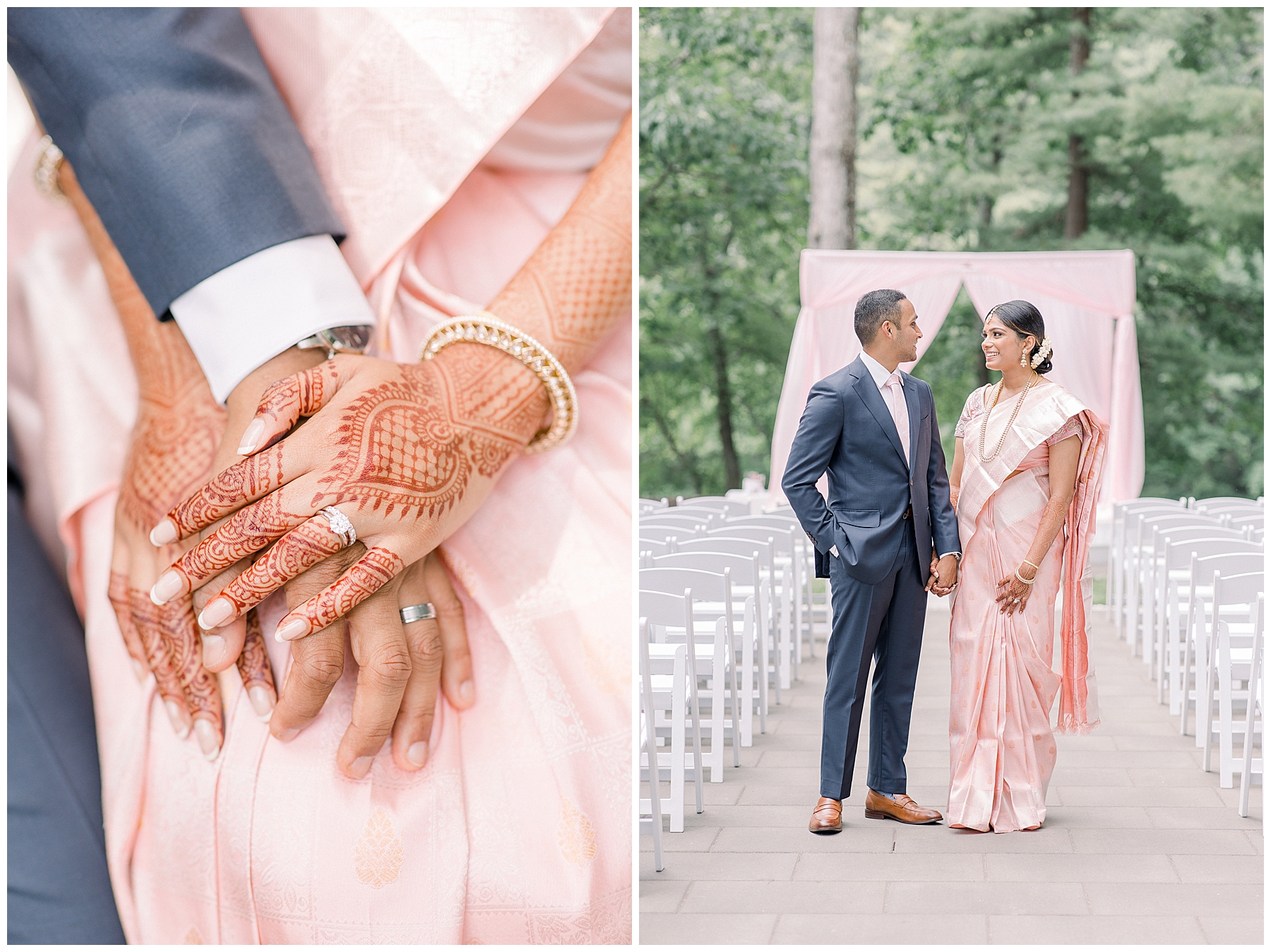 newlyweds hold hands after Boston MA Indian wedding