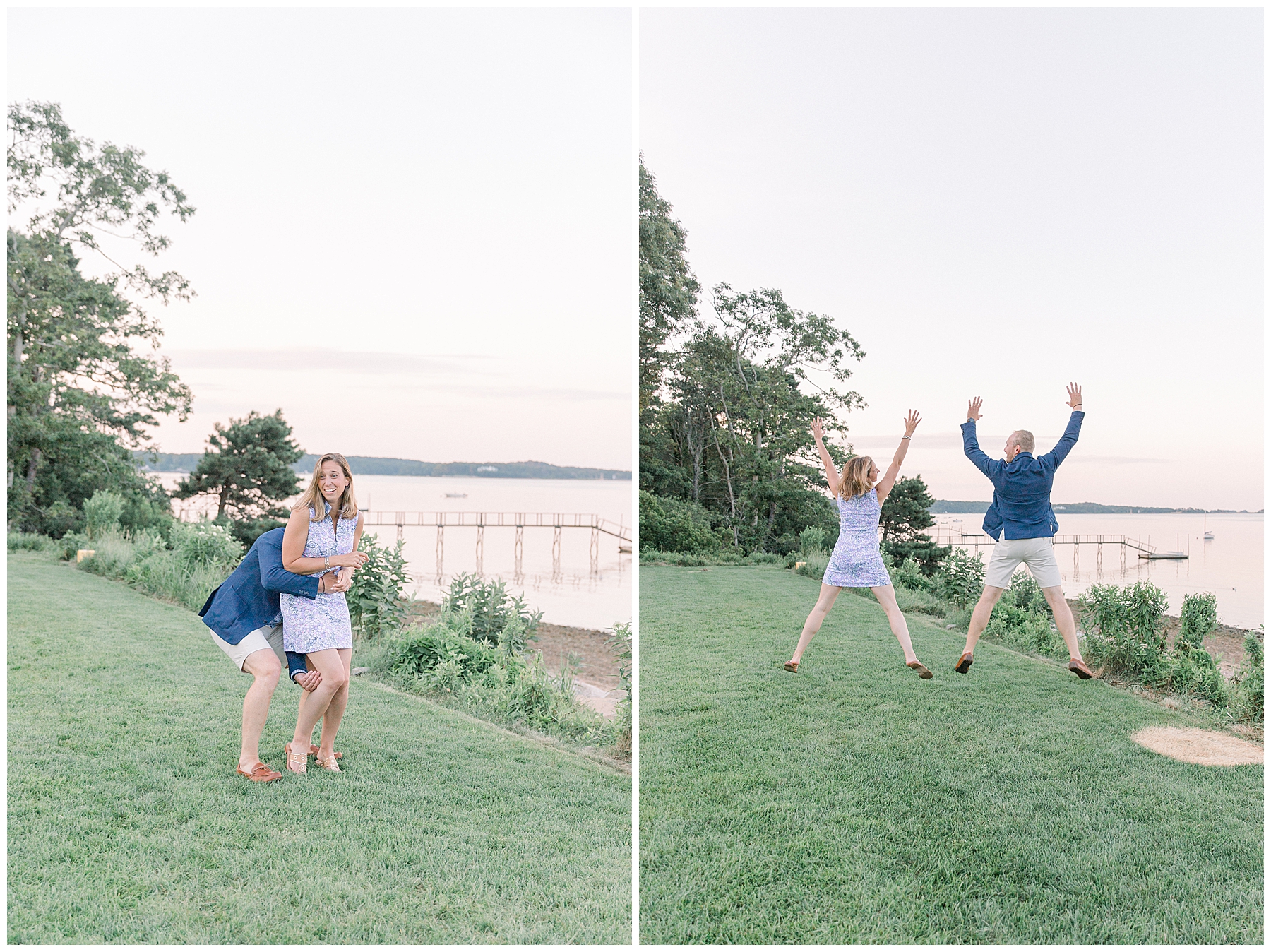 couple jumps up and down during their engagement portraits  