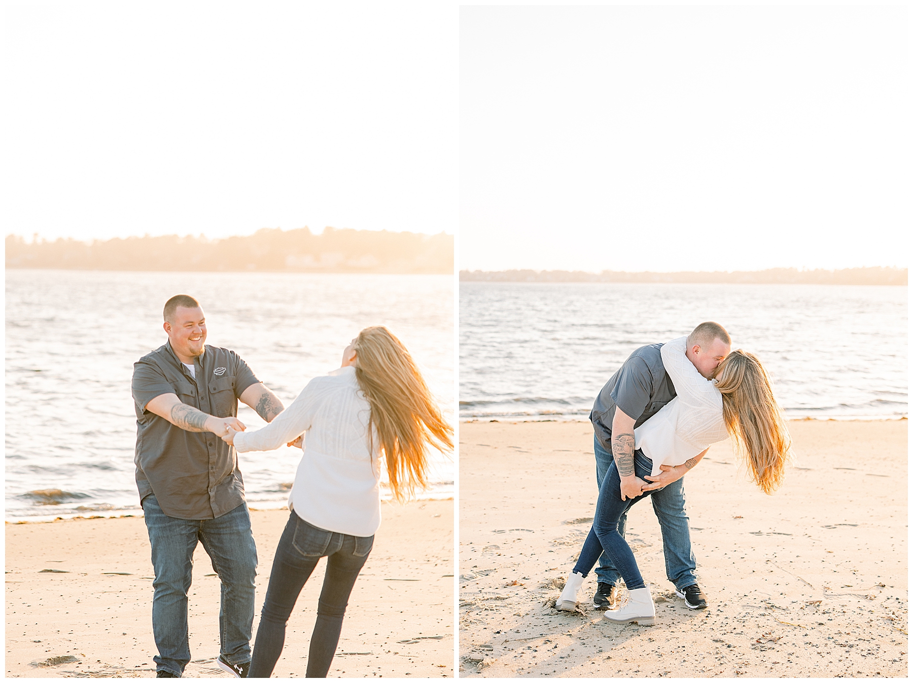 man and woman have fun dancing and spinning around on the beach during their engagement session