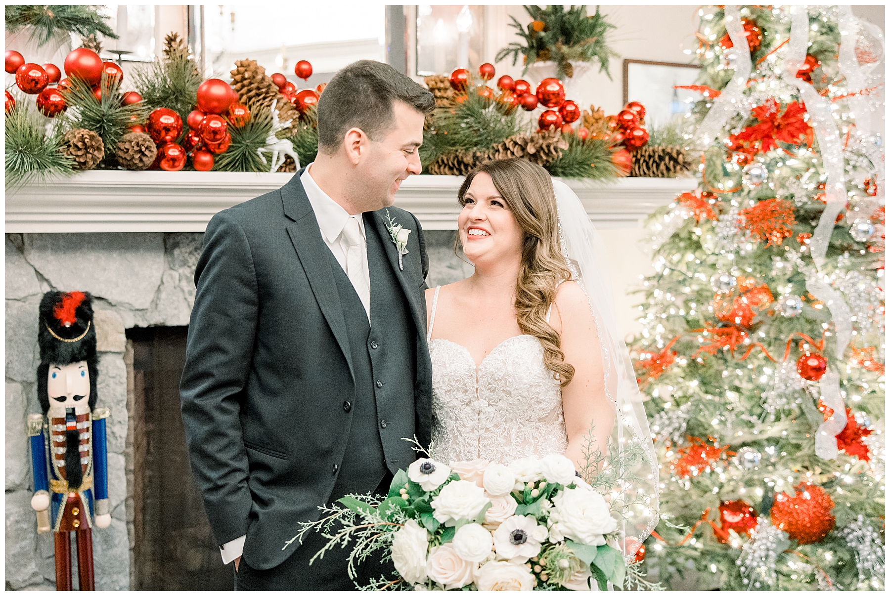 Bride and groom during Christmas inspired wedding