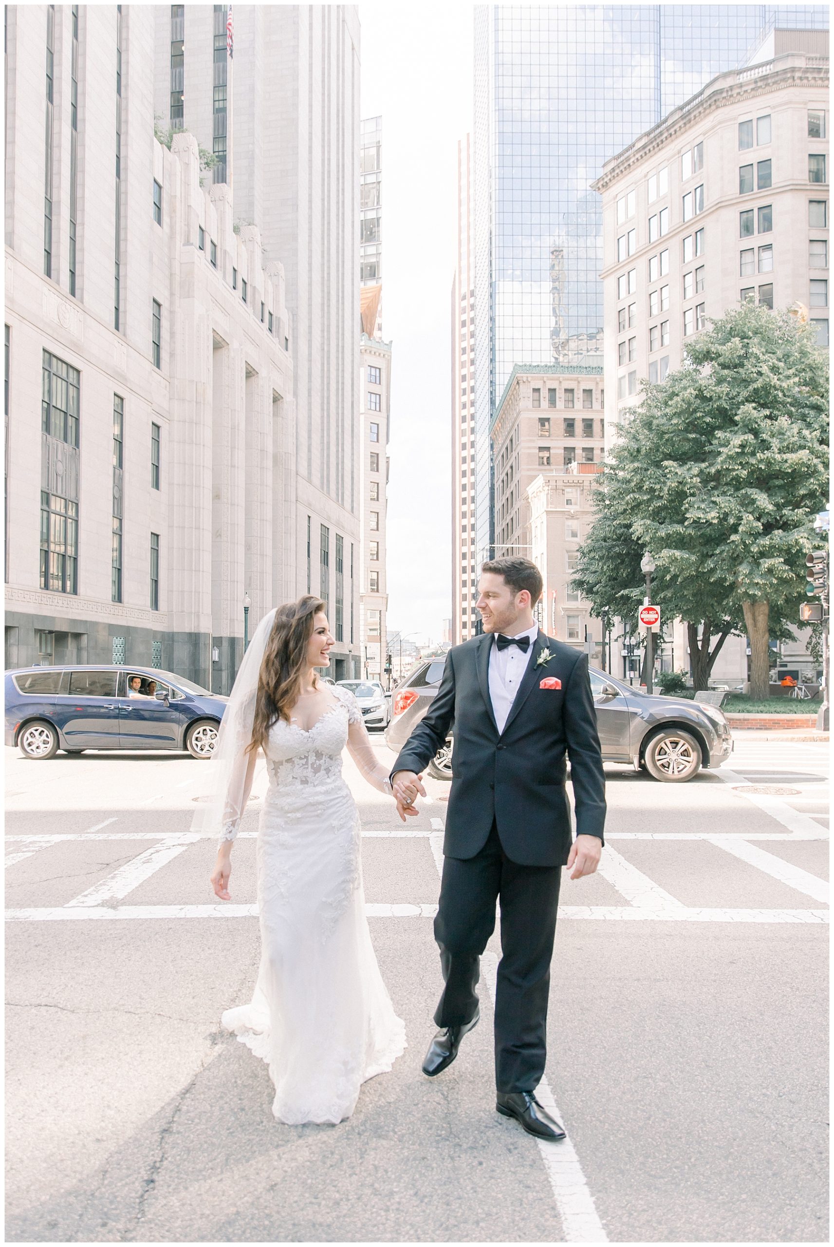 Bride and groom in downtown Boson