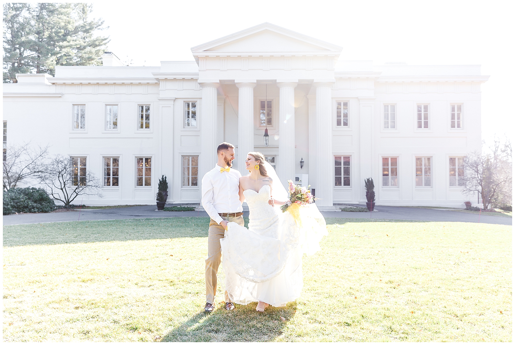 Bride and groom in front of the Wadsworth Mansion in CT