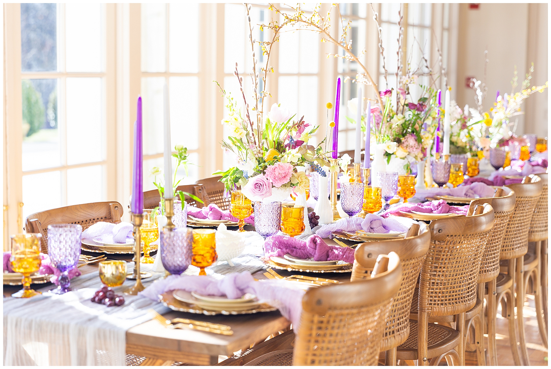 purple table setting and reception details