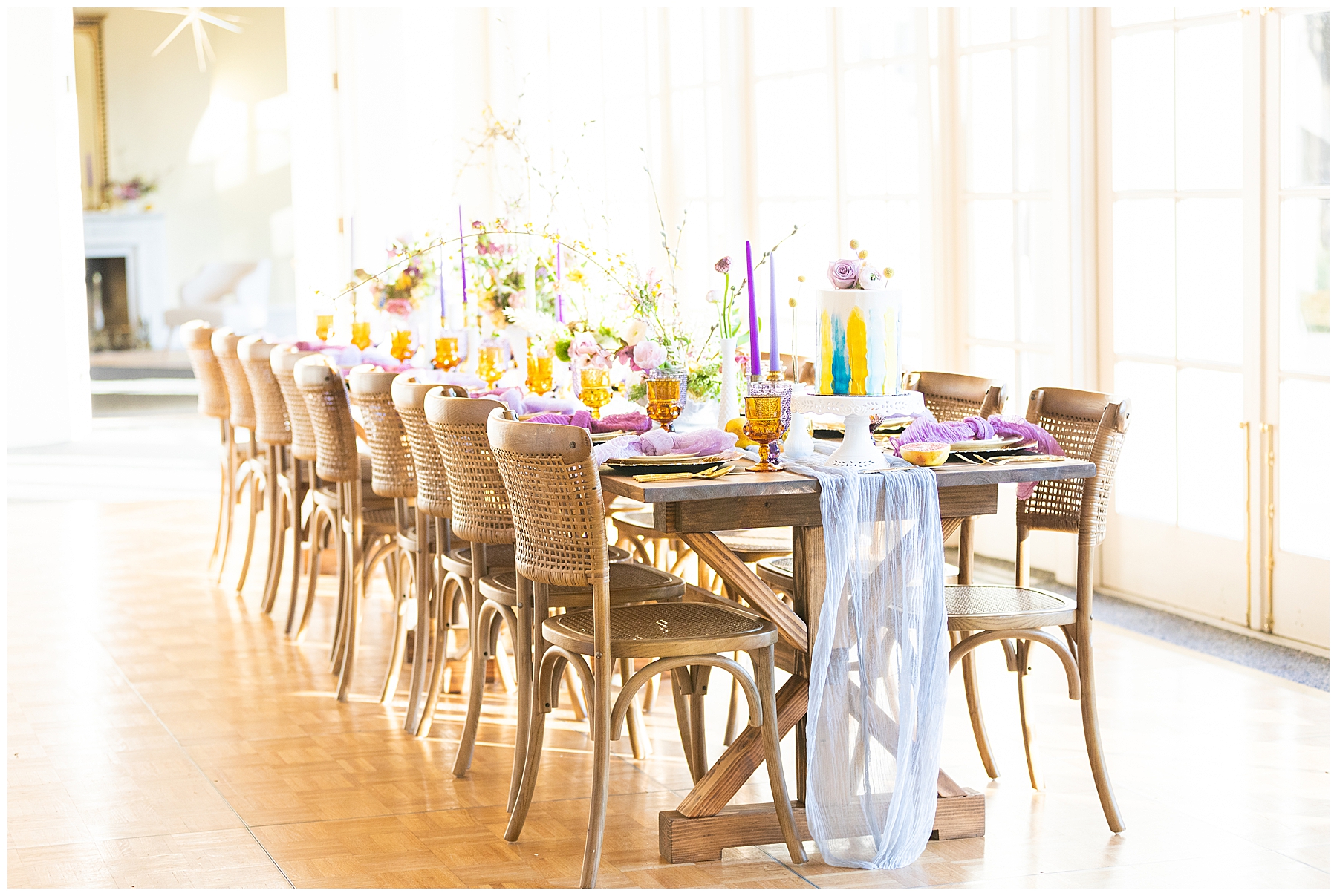 purple place settings at Wadsworth Mansion Styled Wedding in Middletown CT