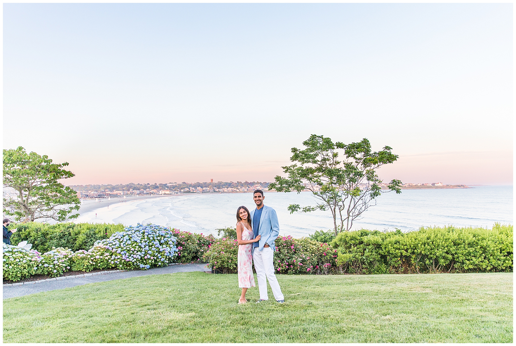 gorgeous sunset and ocean views from engagement session at The Chanler in Newport RI