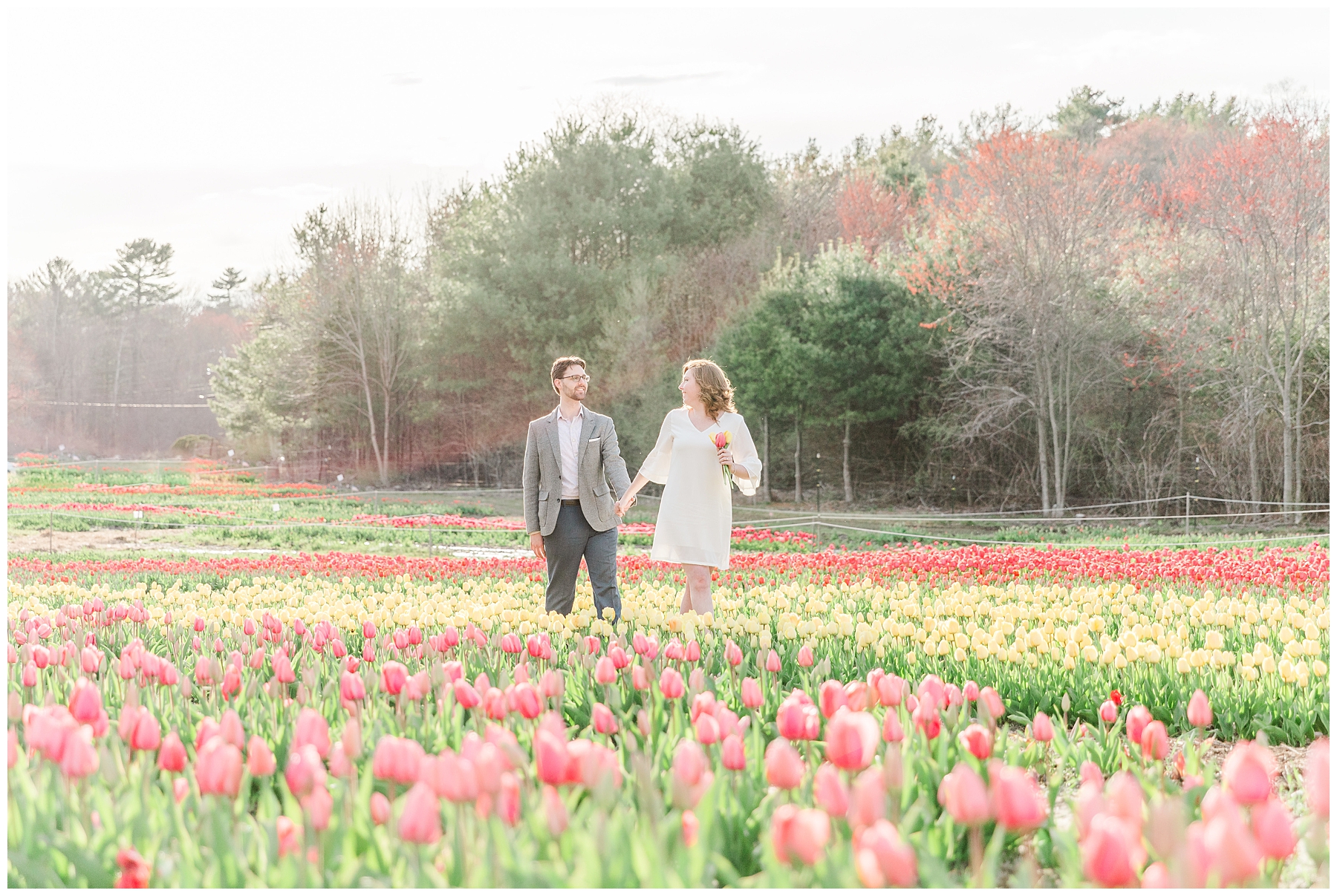 couple walks through field of pink tulips