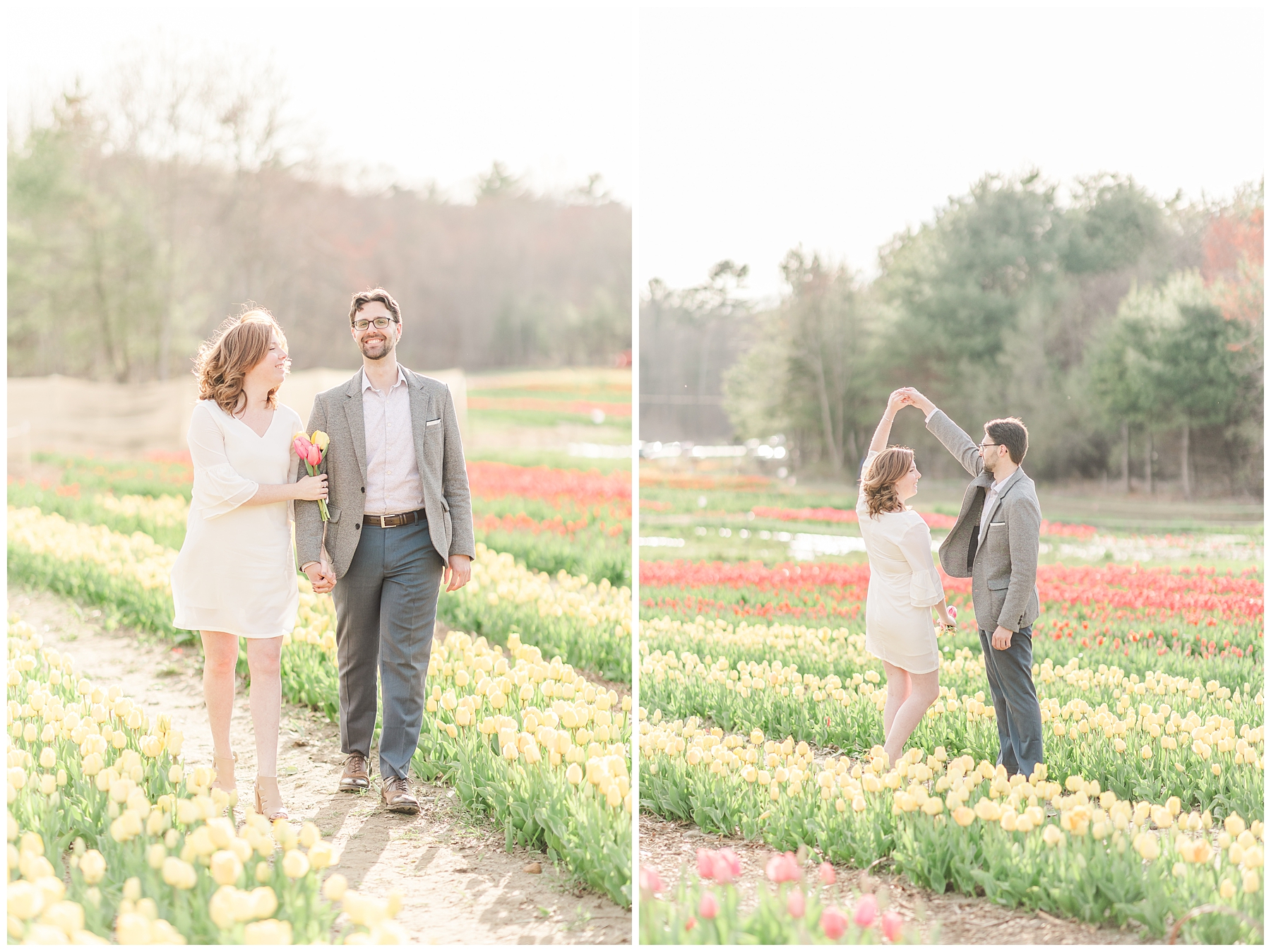 man twirls his fiance in field of tulips