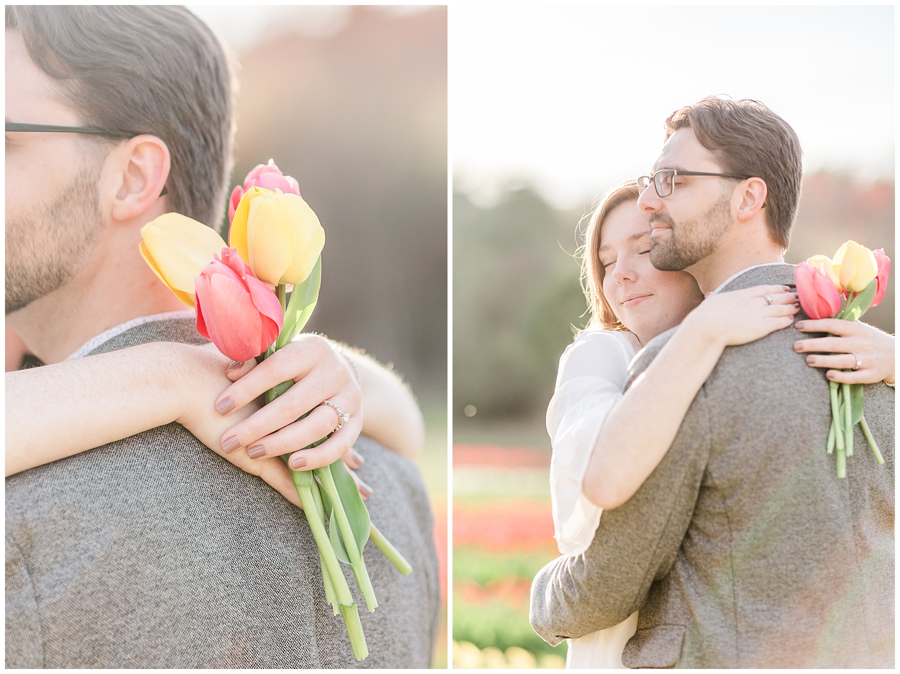 woman hugs fiance holding colorful tulips