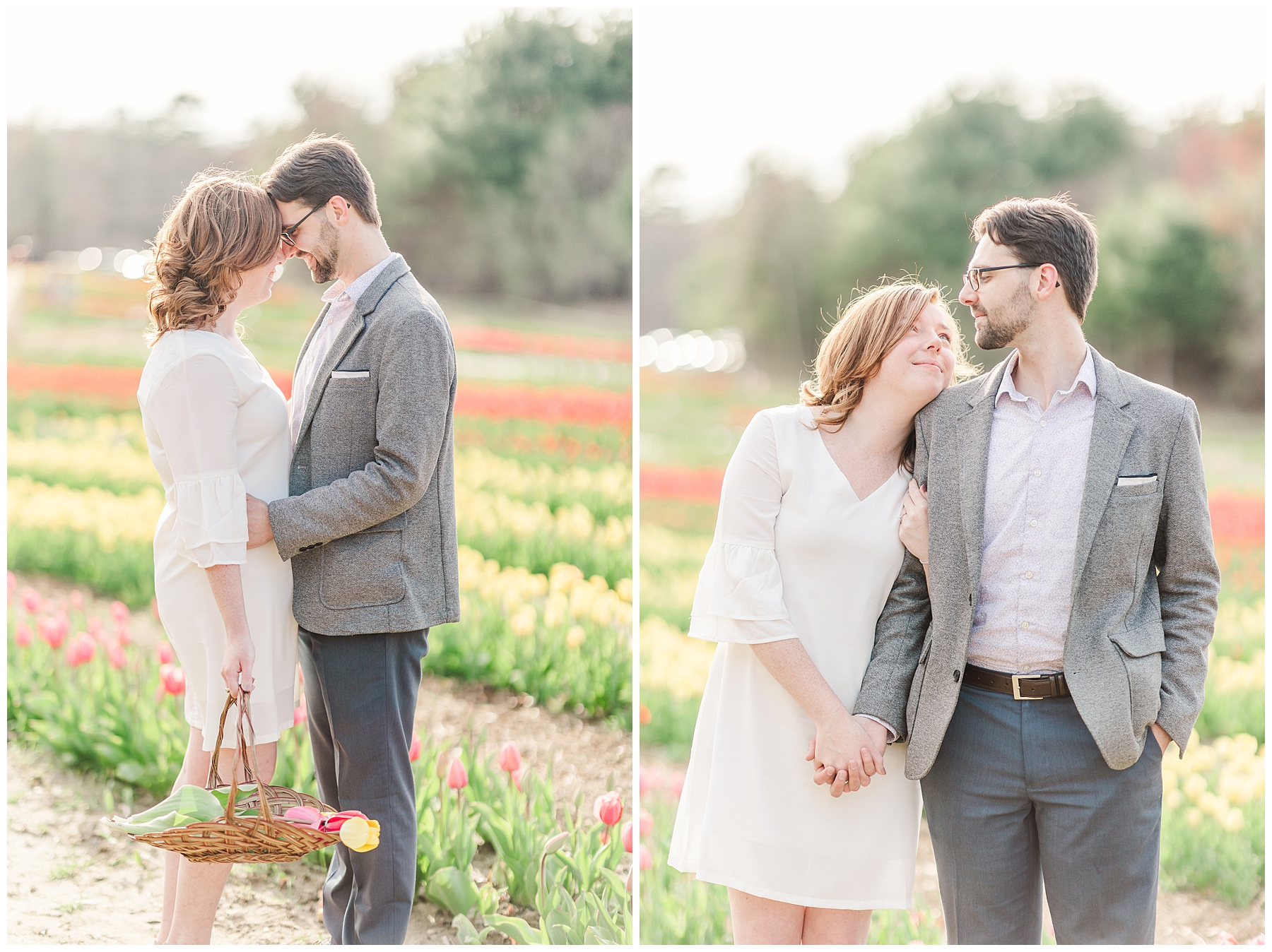 couple at tulip farm for engagement portraits