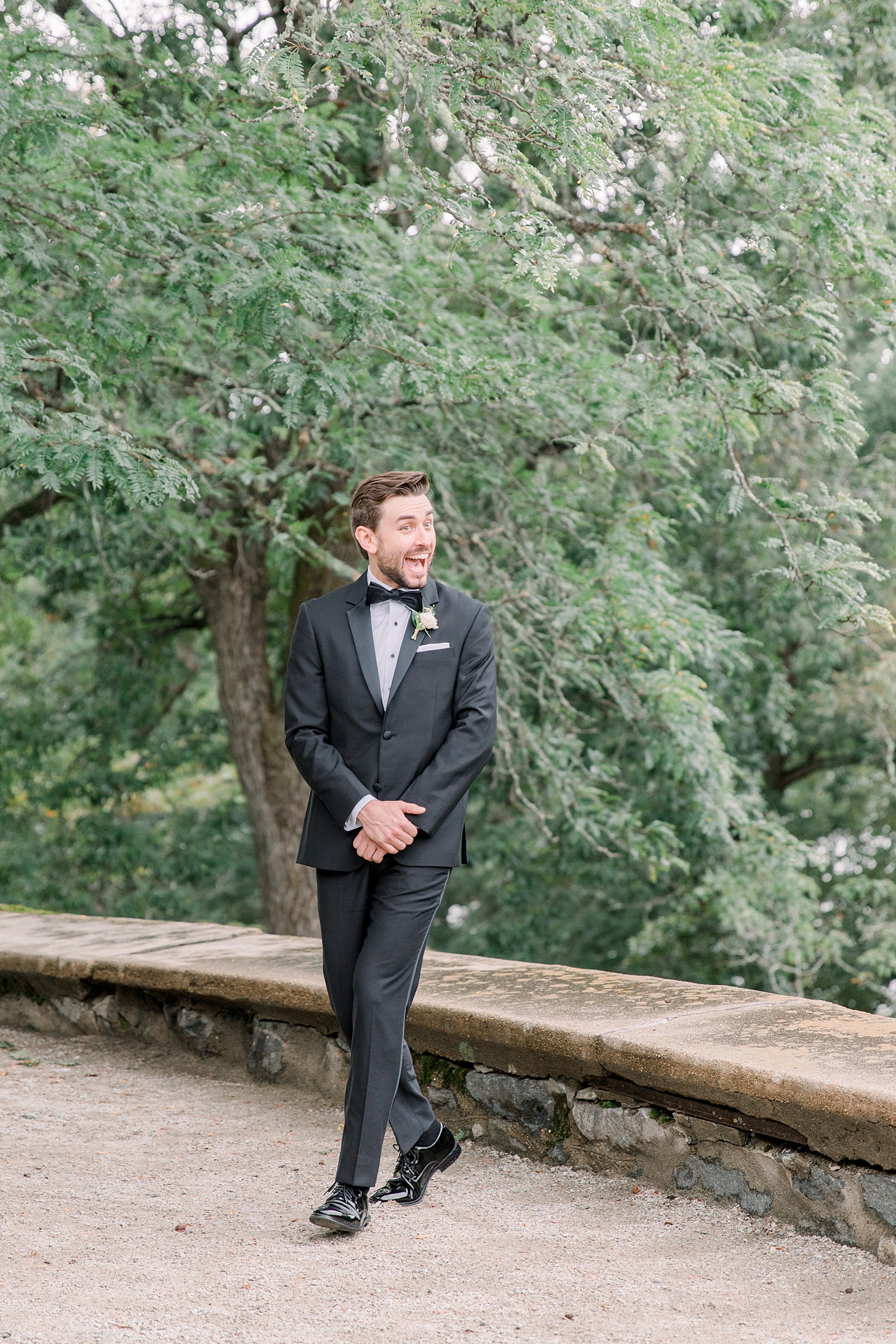 groom's reaction to seeing bride for first time before Romantic Wedding at DeCordova Sculpture Park and Museum